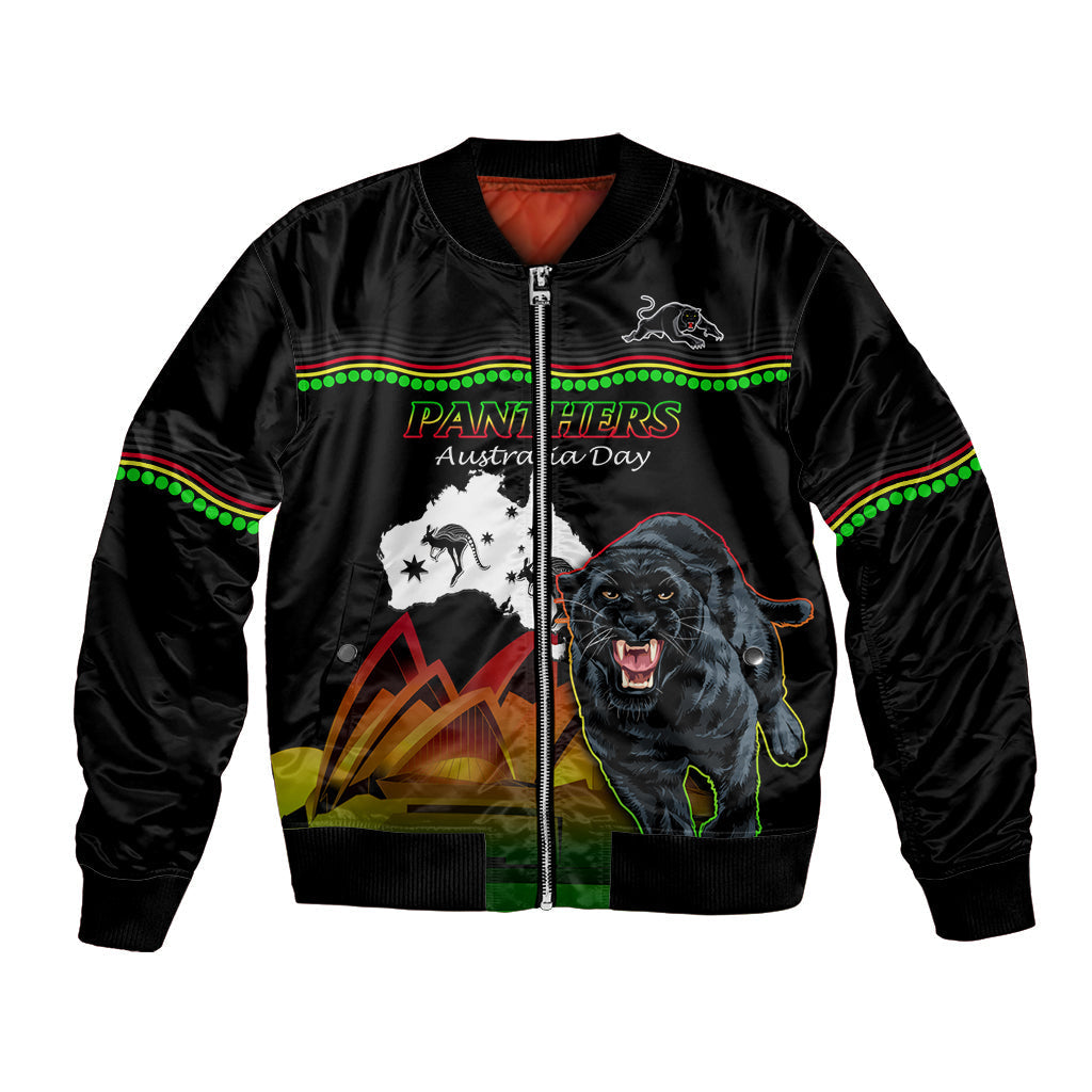 Custom Australia Day Panthers Bomber Jacket NRL 2024 Sydney Opera House With Map - Black - Vibe Hoodie Shop