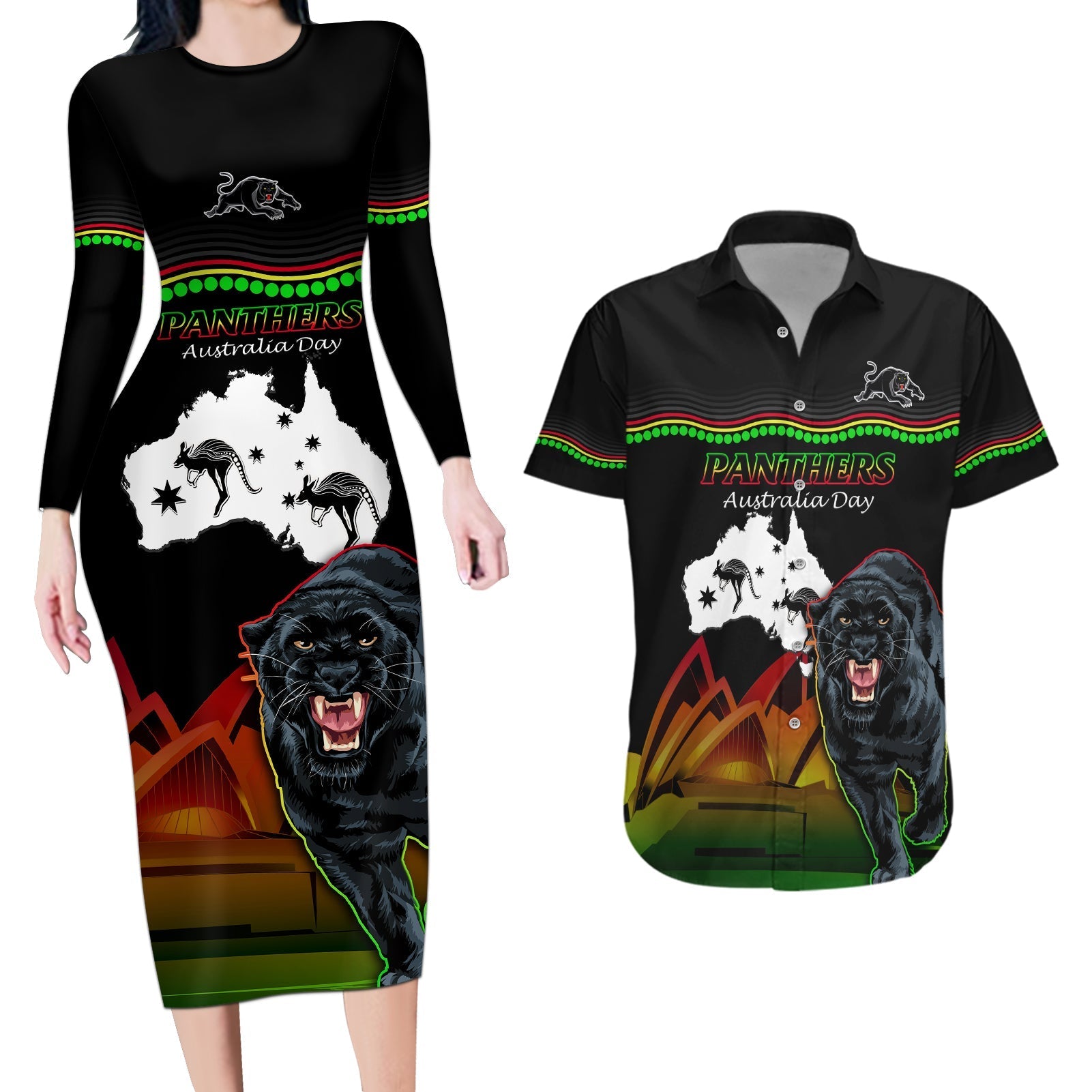 Custom Australia Day Panthers Couples Matching Long Sleeve Bodycon Dress and Hawaiian Shirt NRL 2024 Sydney Opera House With Map - Black