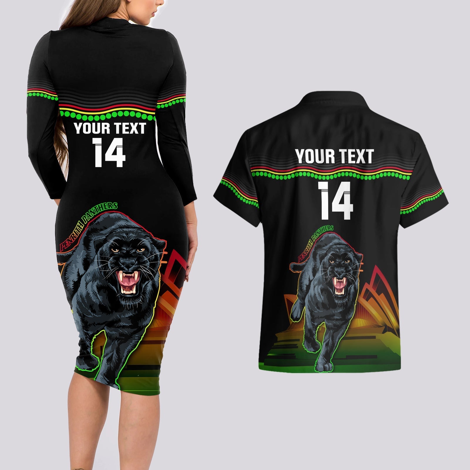 Custom Australia Day Panthers Couples Matching Long Sleeve Bodycon Dress and Hawaiian Shirt NRL 2024 Sydney Opera House With Map - Black