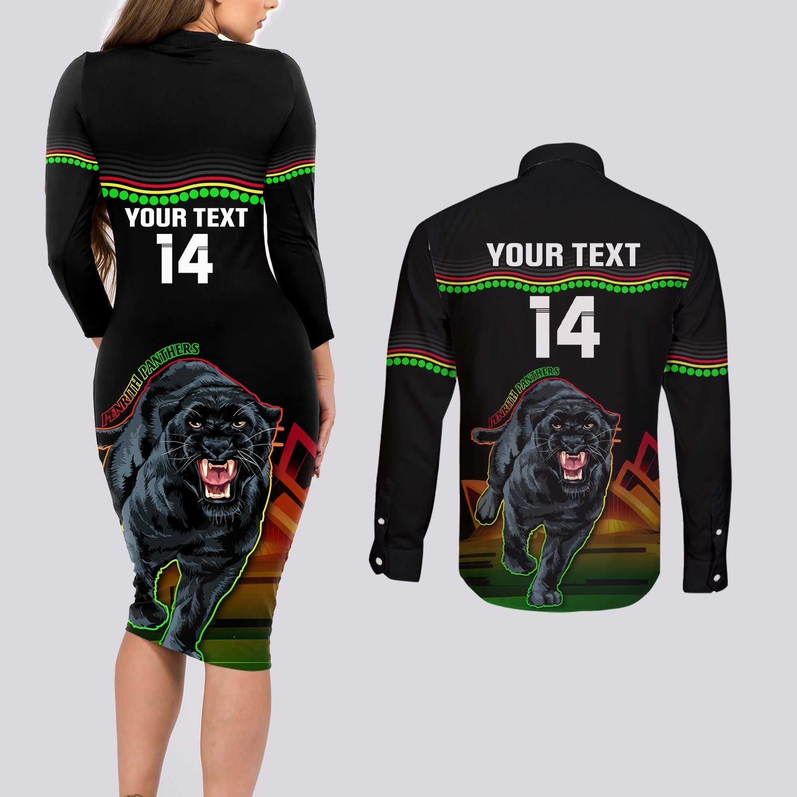 Custom Australia Day Panthers Couples Matching Long Sleeve Bodycon Dress and Long Sleeve Button Shirt NRL 2024 Sydney Opera House With Map - Black