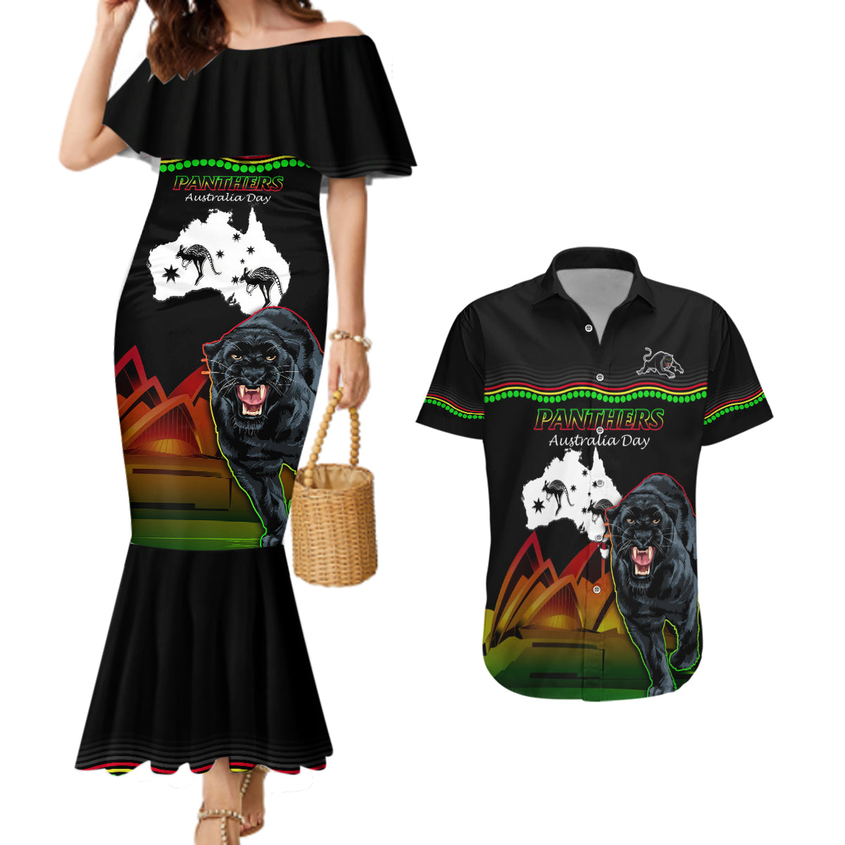 Custom Australia Day Panthers Couples Matching Mermaid Dress and Hawaiian Shirt NRL 2024 Sydney Opera House With Map - Black