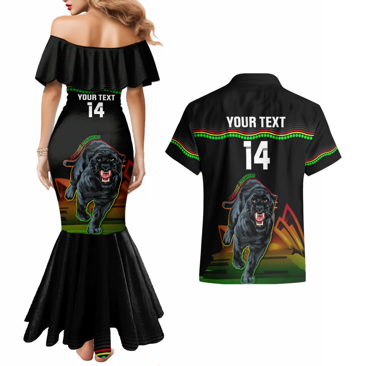 Custom Australia Day Panthers Couples Matching Mermaid Dress and Hawaiian Shirt NRL 2024 Sydney Opera House With Map - Black