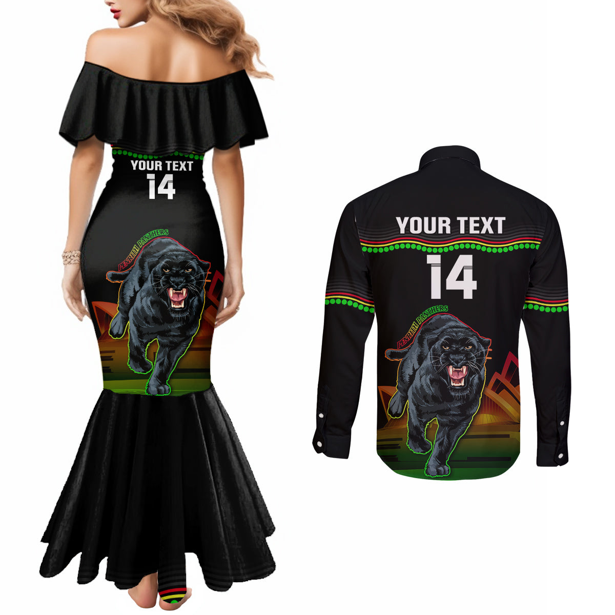 Custom Australia Day Panthers Couples Matching Mermaid Dress and Long Sleeve Button Shirt NRL 2024 Sydney Opera House With Map - Black