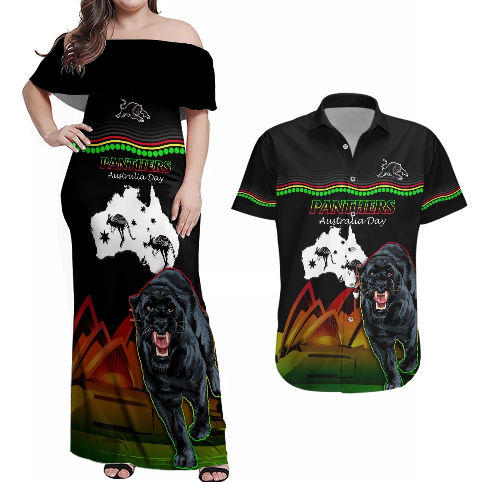 Custom Australia Day Panthers Couples Matching Off Shoulder Maxi Dress and Hawaiian Shirt NRL 2024 Sydney Opera House With Map - Black