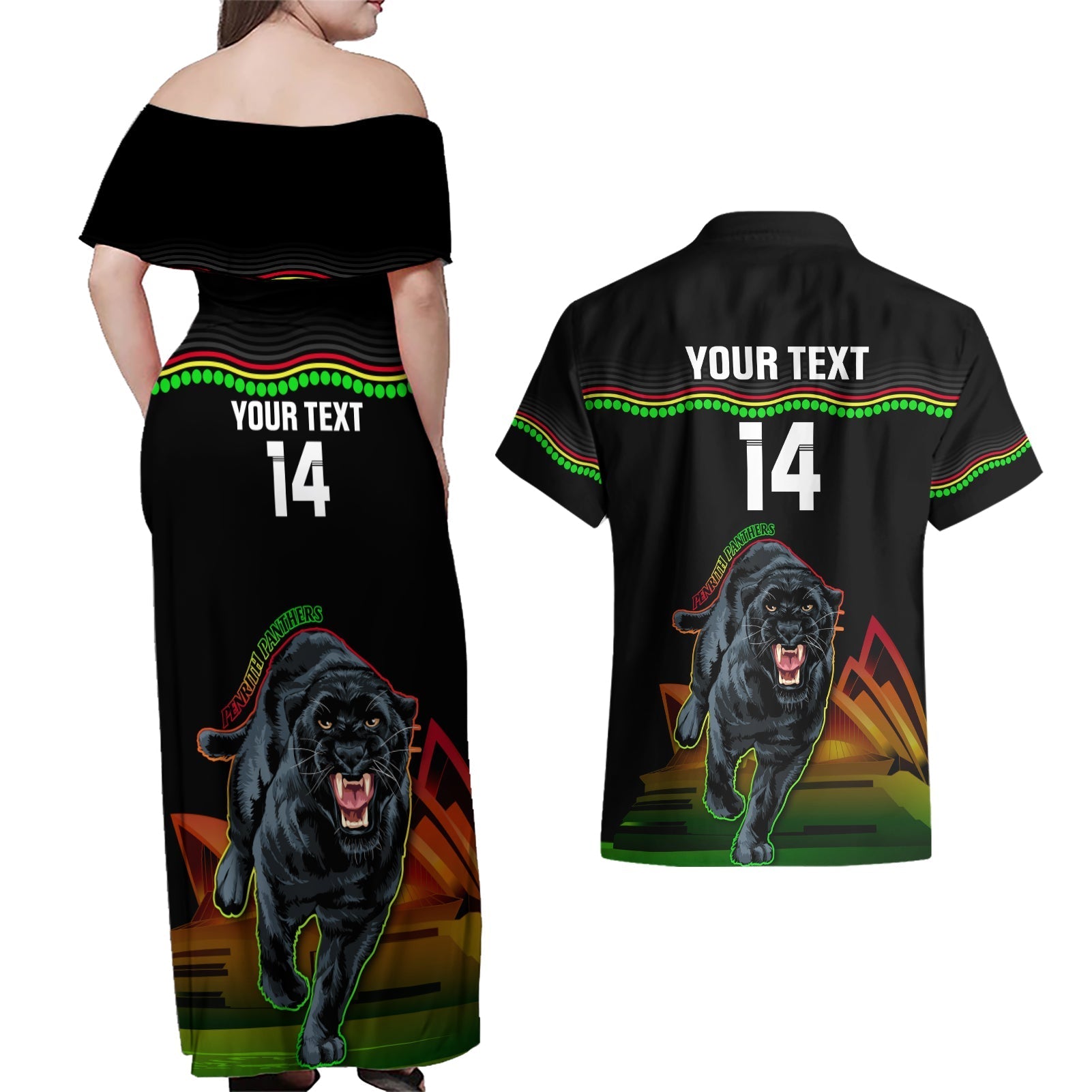Custom Australia Day Panthers Couples Matching Off Shoulder Maxi Dress and Hawaiian Shirt NRL 2024 Sydney Opera House With Map - Black
