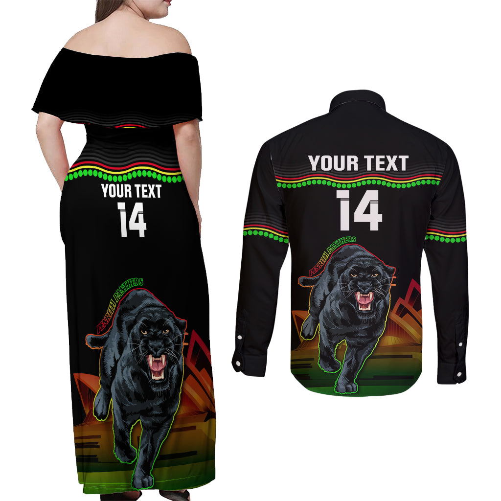 Custom Australia Day Panthers Couples Matching Off Shoulder Maxi Dress and Long Sleeve Button Shirt NRL 2024 Sydney Opera House With Map - Black