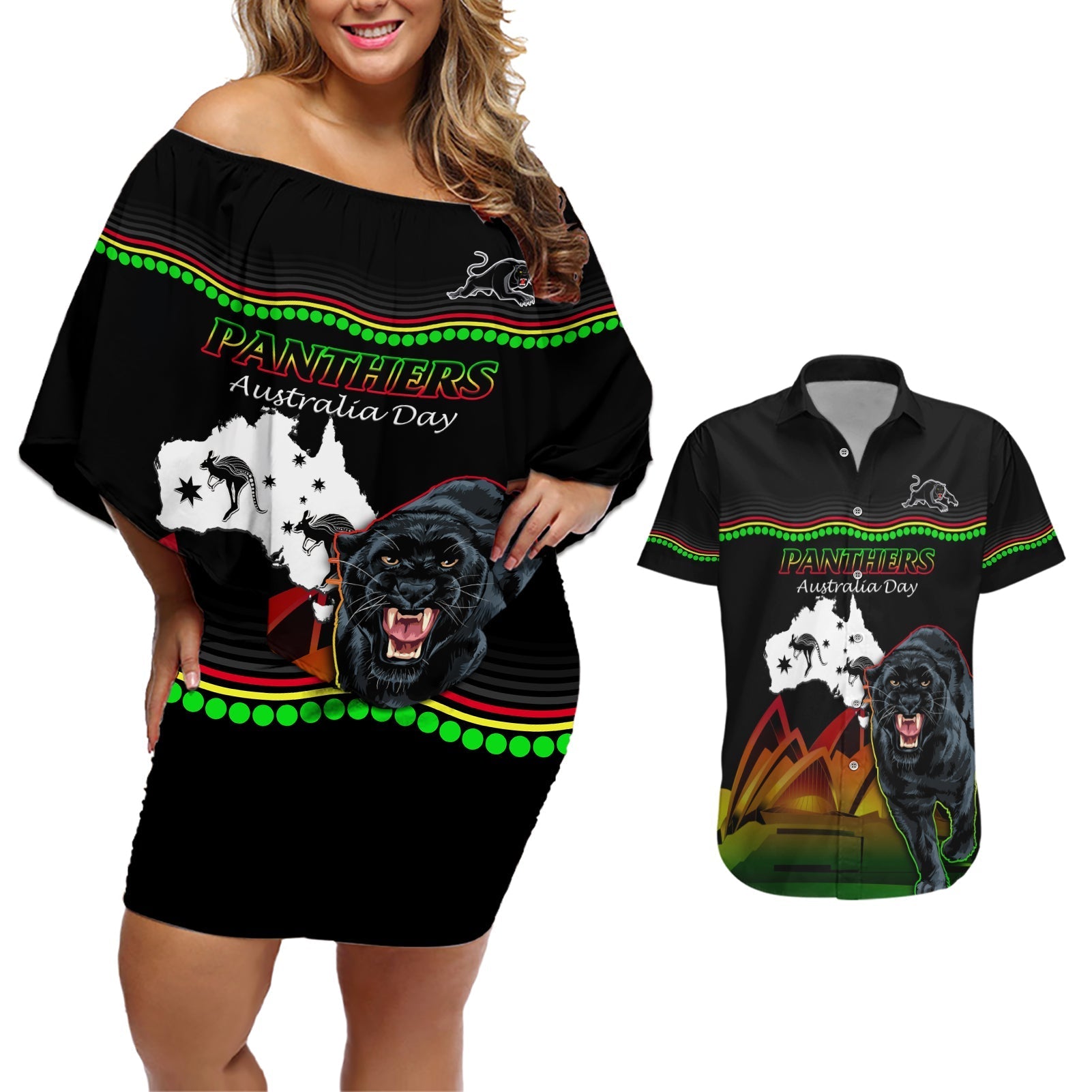 Custom Australia Day Panthers Couples Matching Off Shoulder Short Dress and Hawaiian Shirt NRL 2024 Sydney Opera House With Map - Black