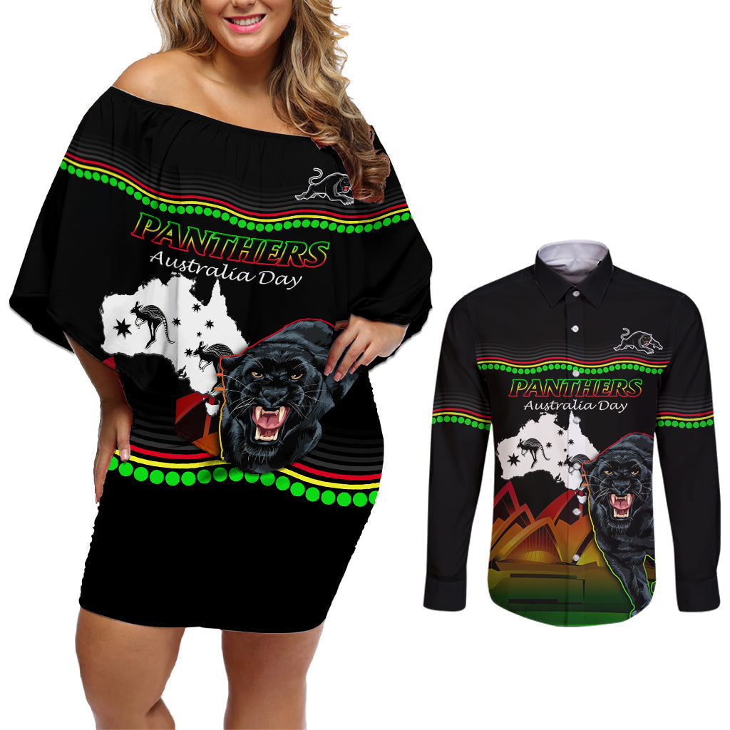 Custom Australia Day Panthers Couples Matching Off Shoulder Short Dress and Long Sleeve Button Shirt NRL 2024 Sydney Opera House With Map - Black