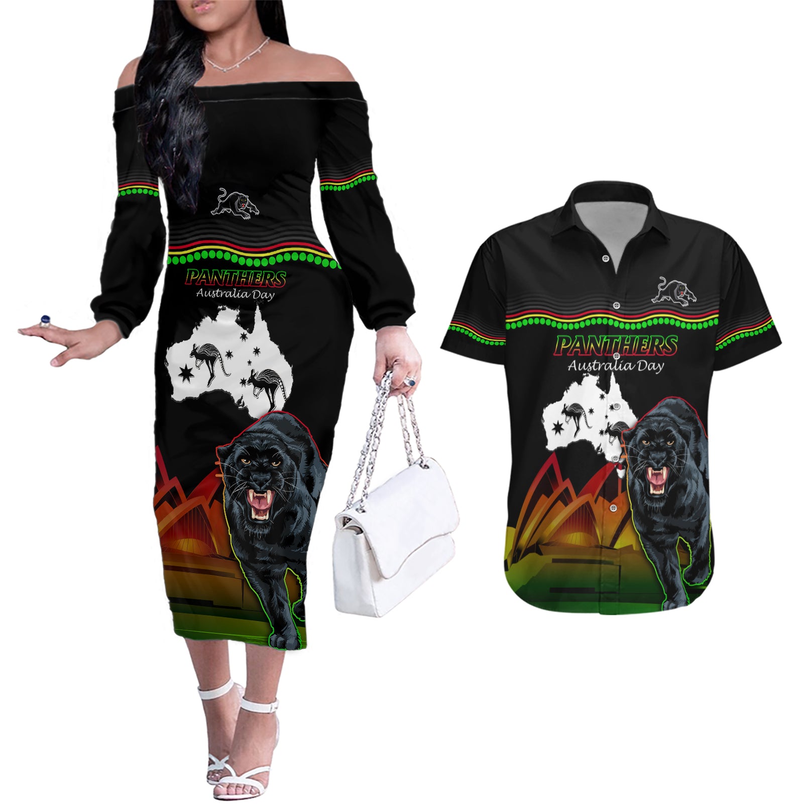 Custom Australia Day Panthers Couples Matching Off The Shoulder Long Sleeve Dress and Hawaiian Shirt NRL 2024 Sydney Opera House With Map - Black