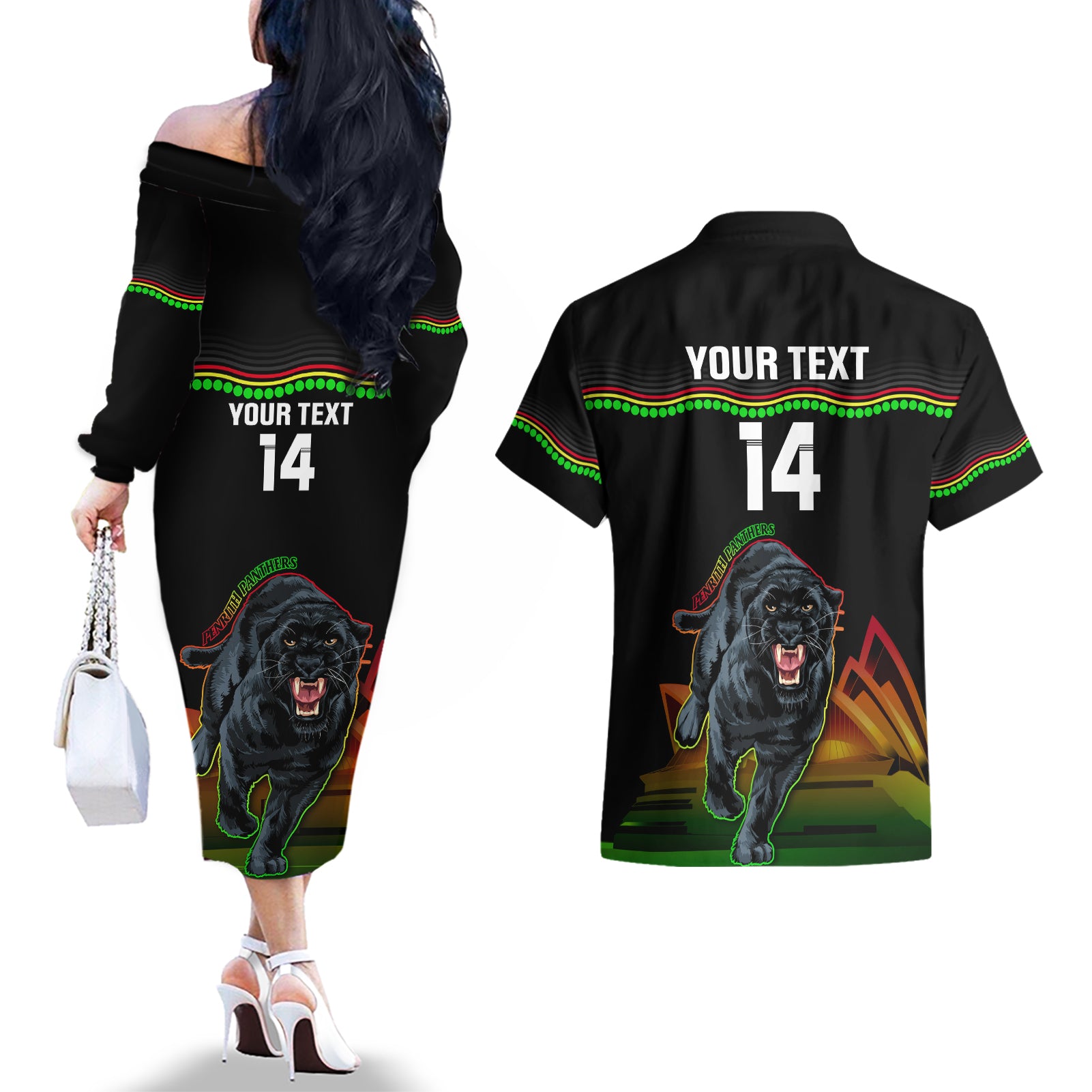 Custom Australia Day Panthers Couples Matching Off The Shoulder Long Sleeve Dress and Hawaiian Shirt NRL 2024 Sydney Opera House With Map - Black