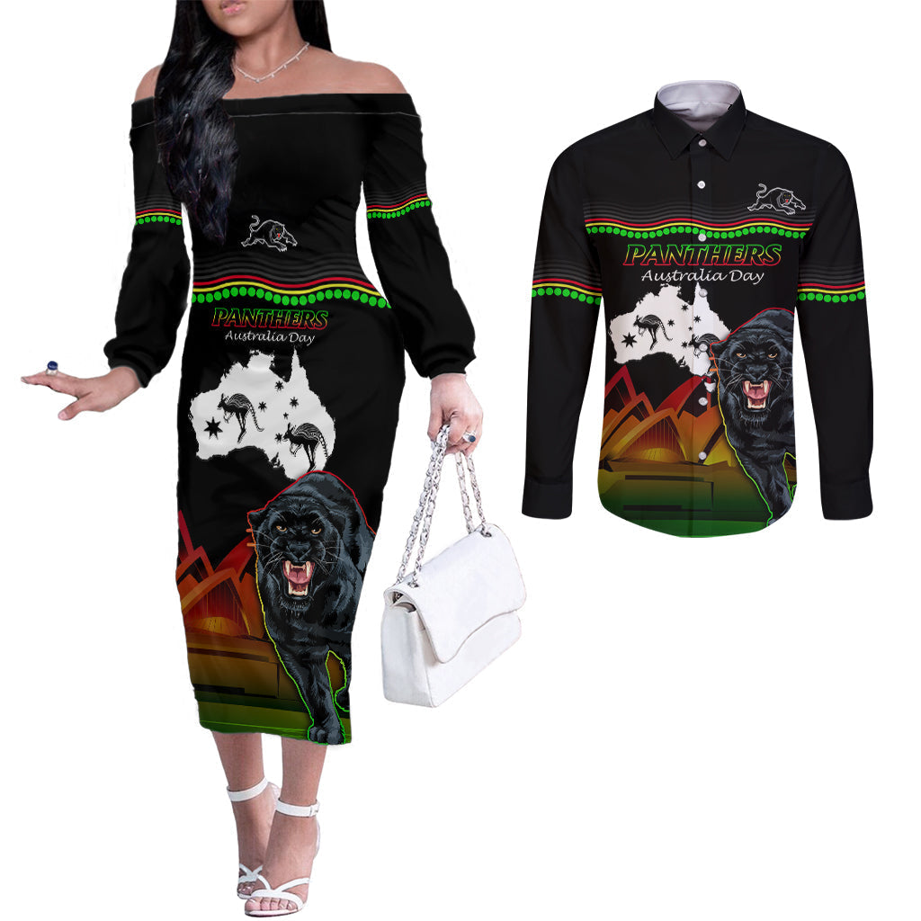 Custom Australia Day Panthers Couples Matching Off The Shoulder Long Sleeve Dress and Long Sleeve Button Shirt NRL 2024 Sydney Opera House With Map - Black