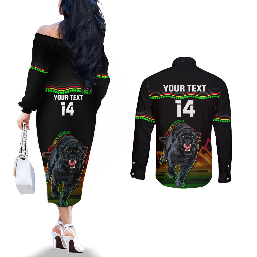 Custom Australia Day Panthers Couples Matching Off The Shoulder Long Sleeve Dress and Long Sleeve Button Shirt NRL 2024 Sydney Opera House With Map - Black