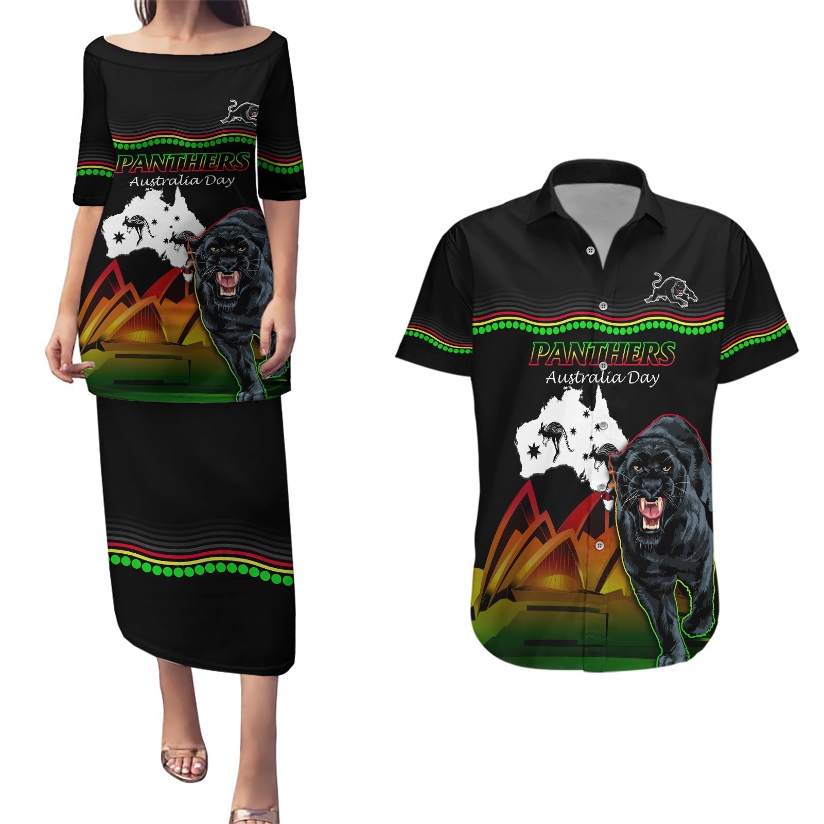 Custom Australia Day Panthers Couples Matching Puletasi and Hawaiian Shirt NRL 2024 Sydney Opera House With Map - Black