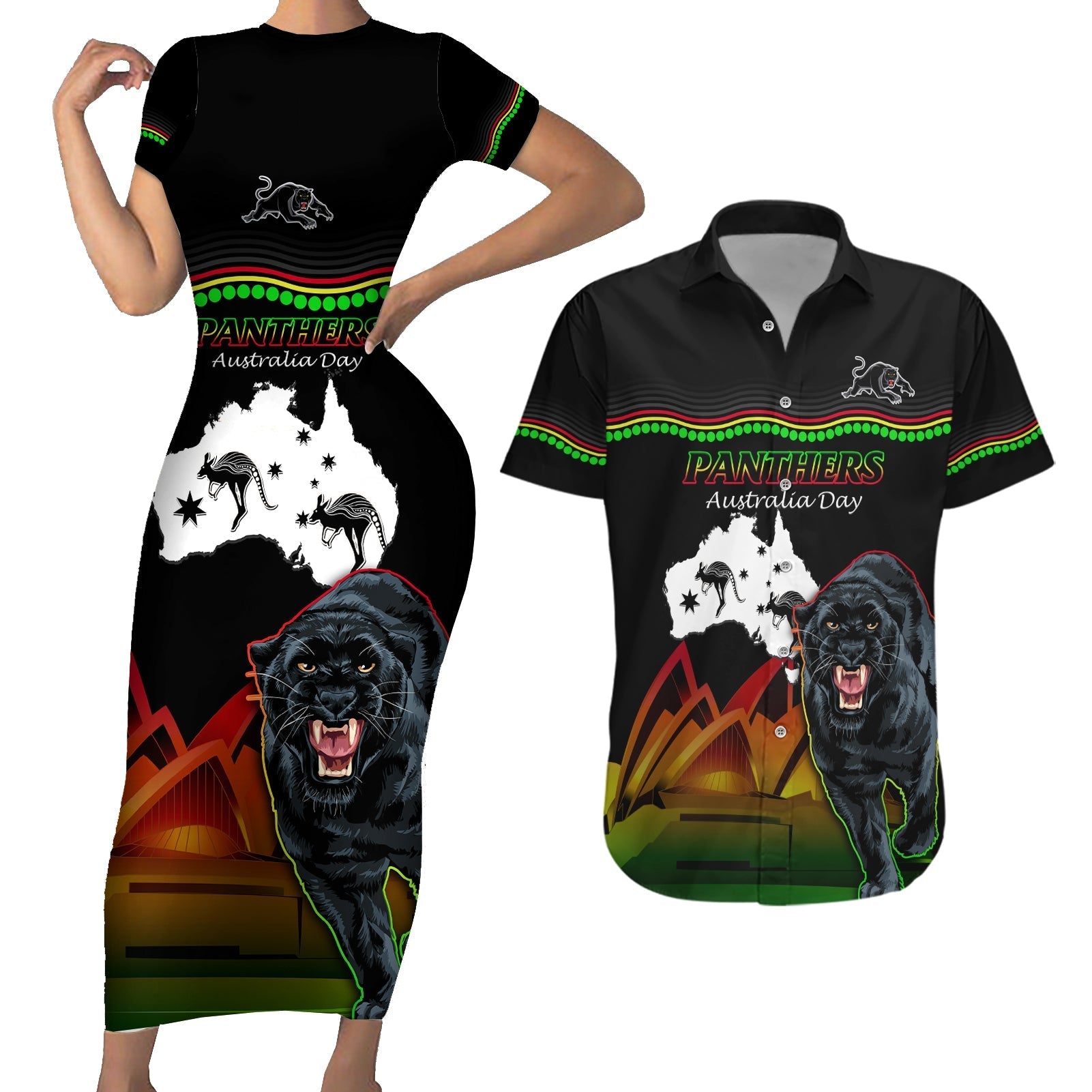 Custom Australia Day Panthers Couples Matching Short Sleeve Bodycon Dress and Hawaiian Shirt NRL 2024 Sydney Opera House With Map - Black