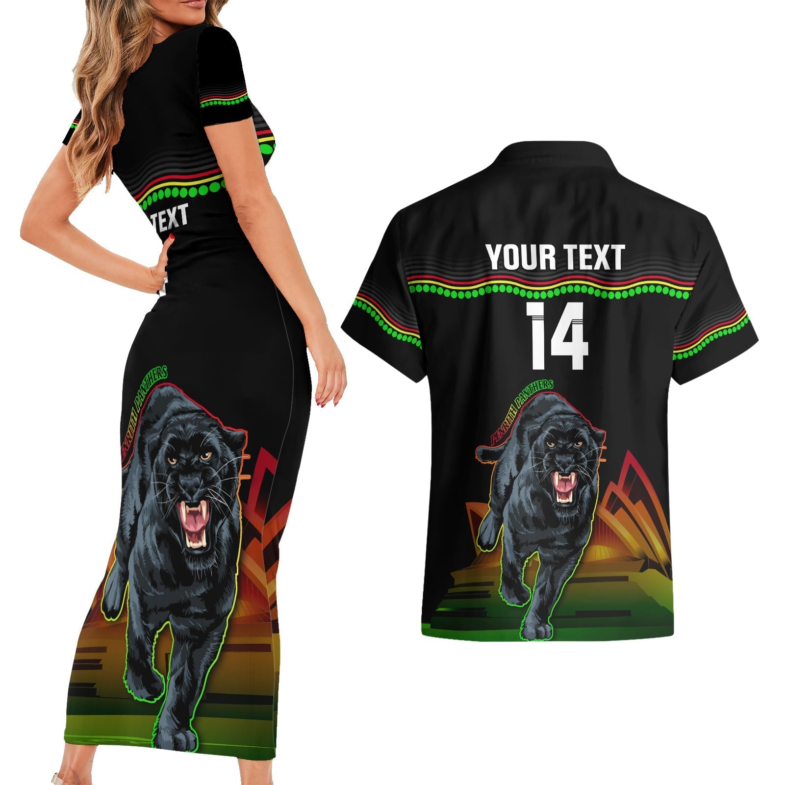 Custom Australia Day Panthers Couples Matching Short Sleeve Bodycon Dress and Hawaiian Shirt NRL 2024 Sydney Opera House With Map - Black