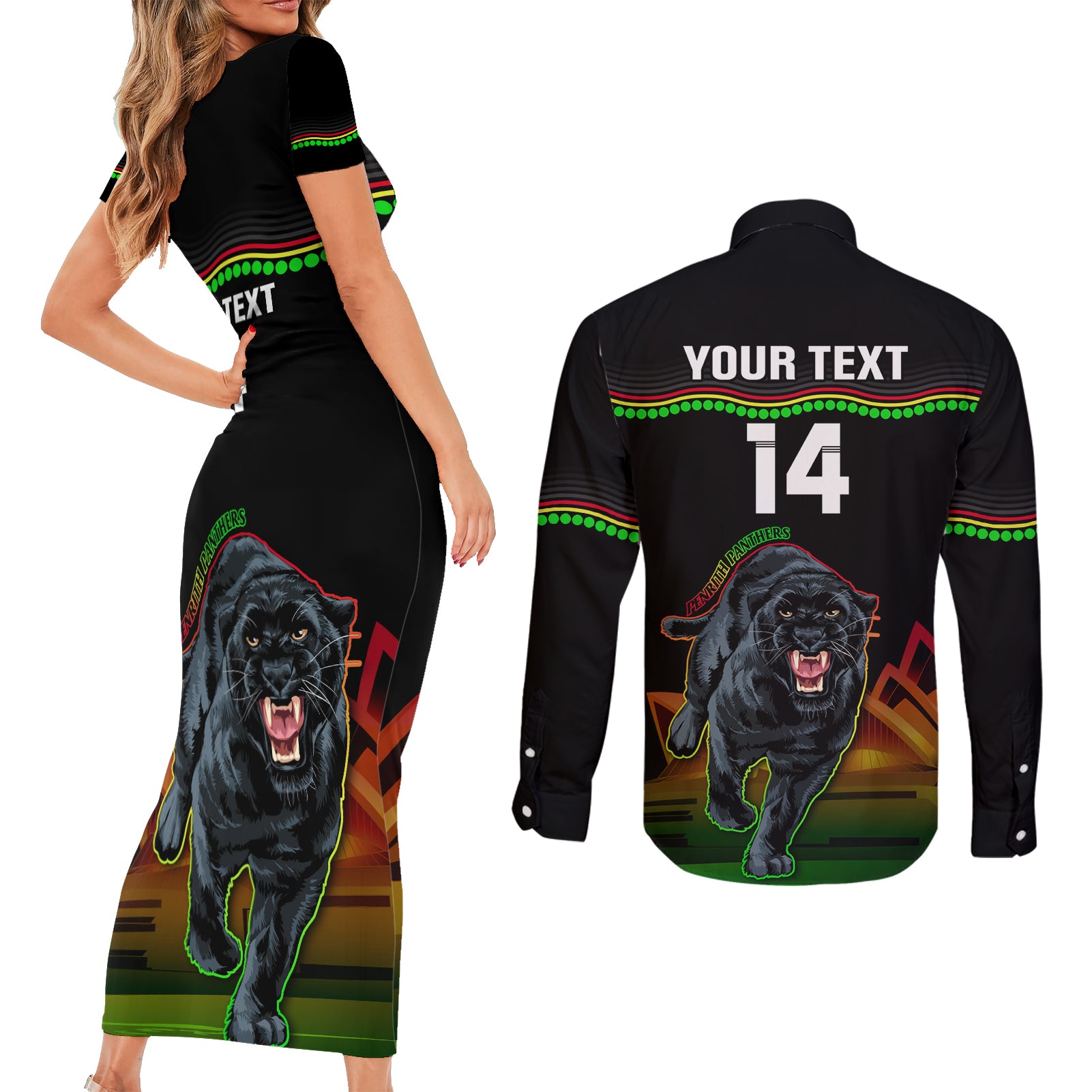 Custom Australia Day Panthers Couples Matching Short Sleeve Bodycon Dress and Long Sleeve Button Shirt NRL 2024 Sydney Opera House With Map - Black