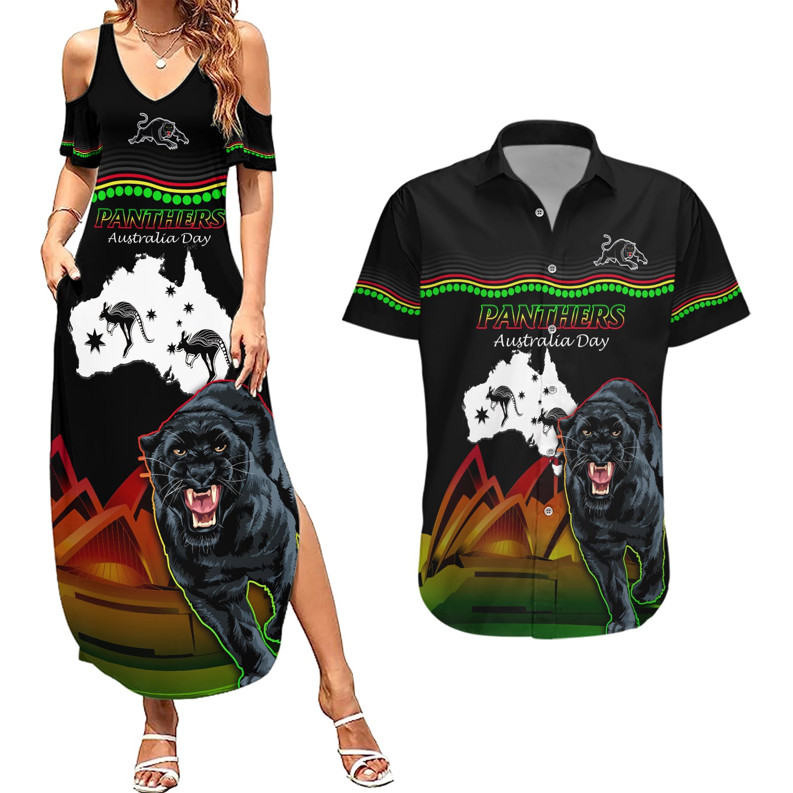 Custom Australia Day Panthers Couples Matching Summer Maxi Dress and Hawaiian Shirt NRL 2024 Sydney Opera House With Map - Black