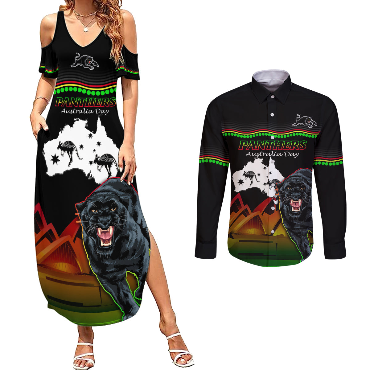 Custom Australia Day Panthers Couples Matching Summer Maxi Dress and Long Sleeve Button Shirt NRL 2024 Sydney Opera House With Map - Black