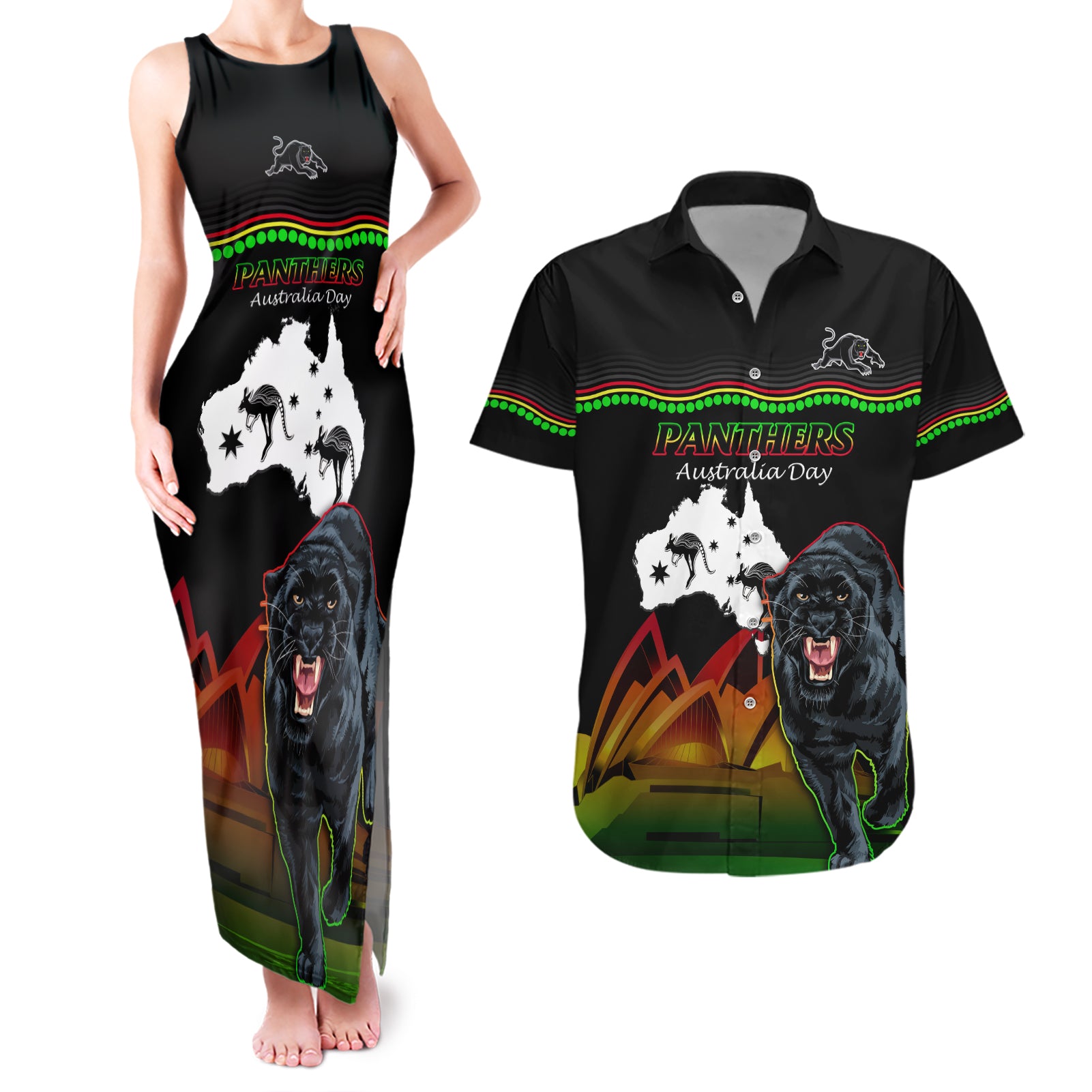 Custom Australia Day Panthers Couples Matching Tank Maxi Dress and Hawaiian Shirt NRL 2024 Sydney Opera House With Map - Black