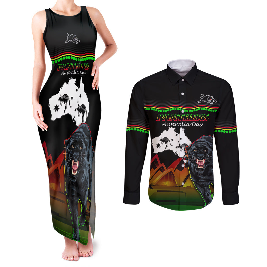 Custom Australia Day Panthers Couples Matching Tank Maxi Dress and Long Sleeve Button Shirt NRL 2024 Sydney Opera House With Map - Black