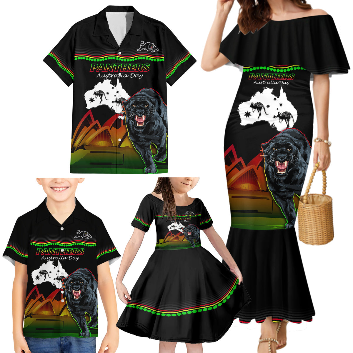 Custom Australia Day Panthers Family Matching Mermaid Dress and Hawaiian Shirt NRL 2024 Sydney Opera House With Map - Black