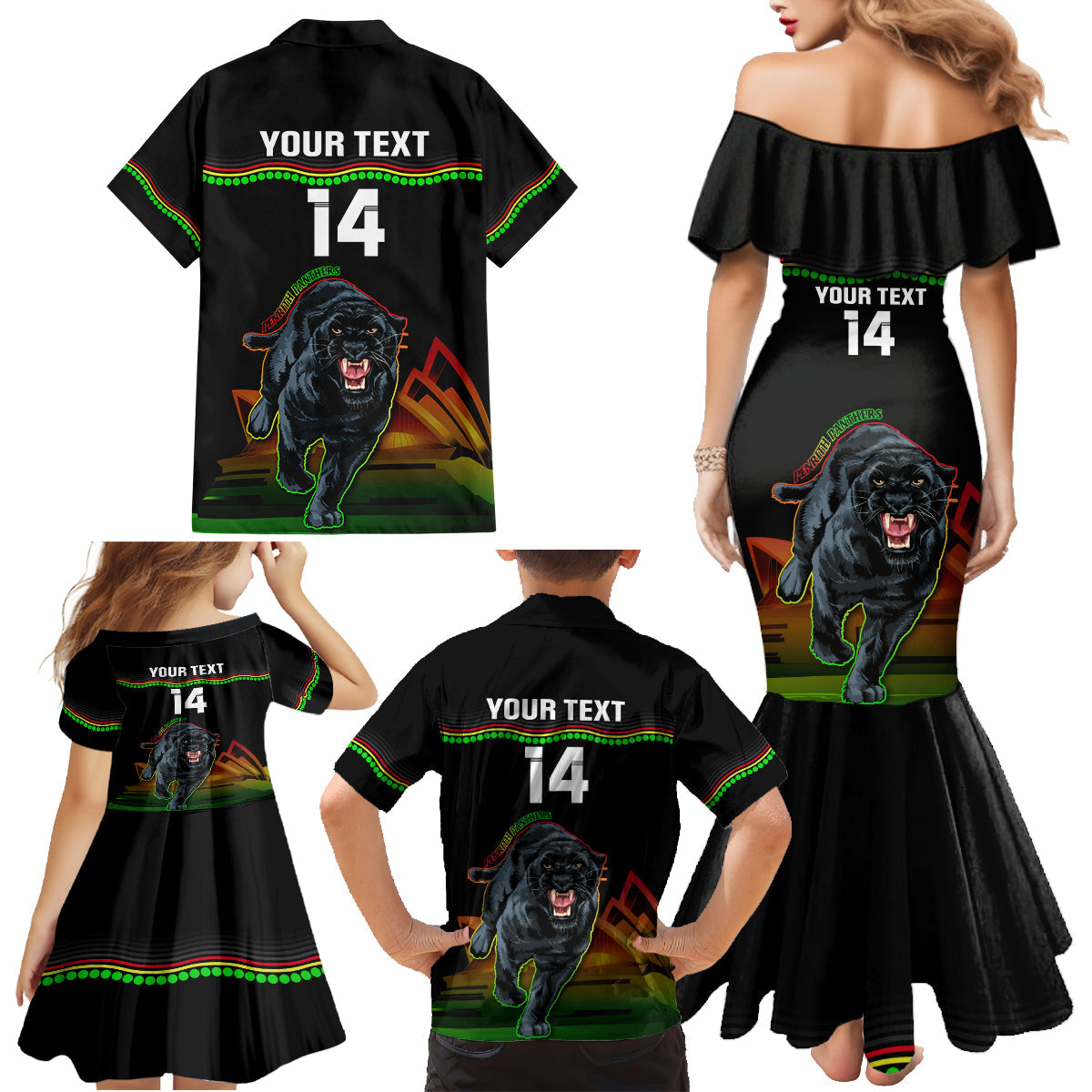 Custom Australia Day Panthers Family Matching Mermaid Dress and Hawaiian Shirt NRL 2024 Sydney Opera House With Map - Black