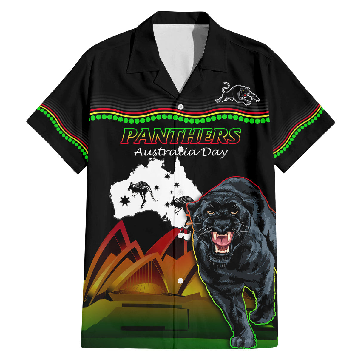 Custom Australia Day Panthers Family Matching Mermaid Dress and Hawaiian Shirt NRL 2024 Sydney Opera House With Map - Black