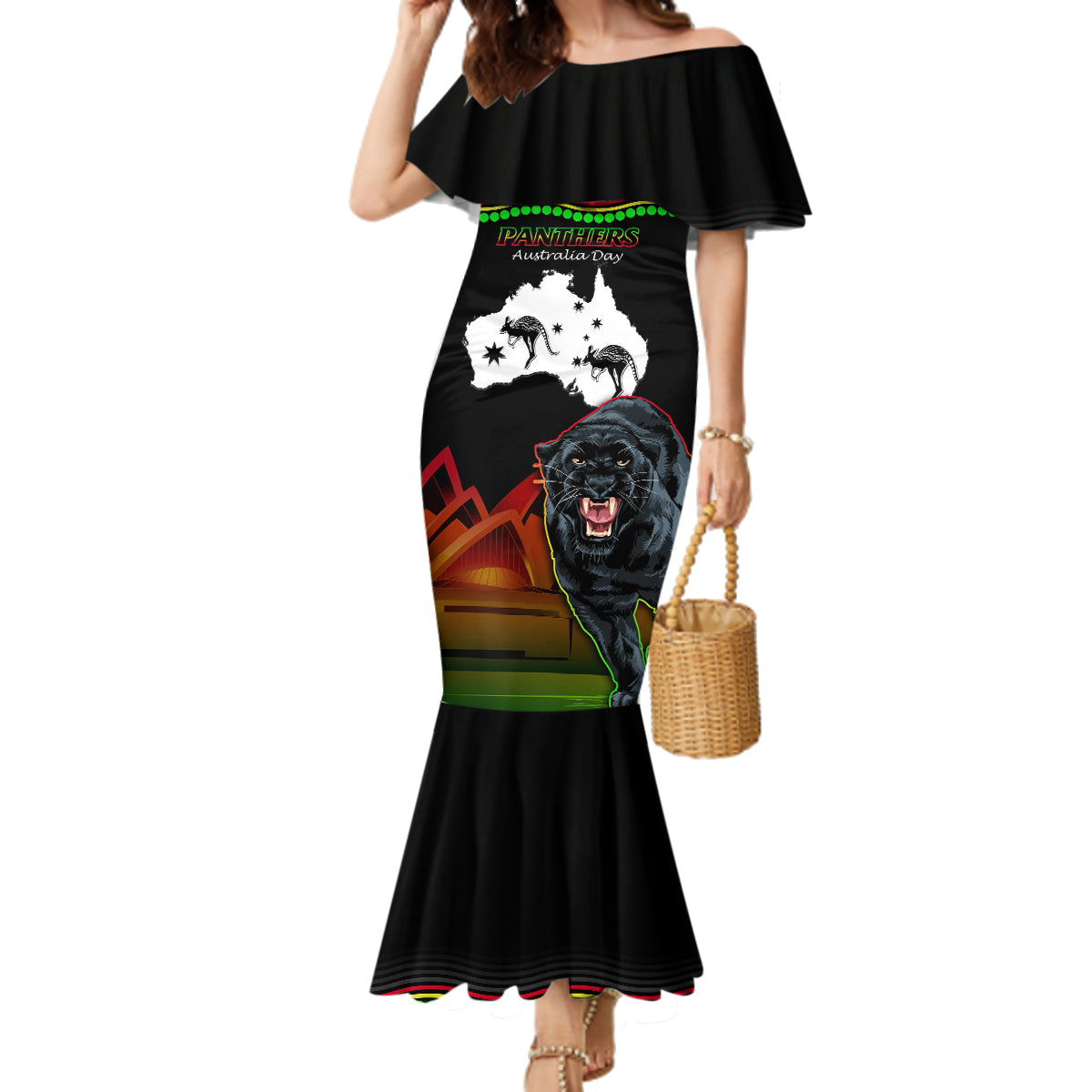 Custom Australia Day Panthers Family Matching Mermaid Dress and Hawaiian Shirt NRL 2024 Sydney Opera House With Map - Black