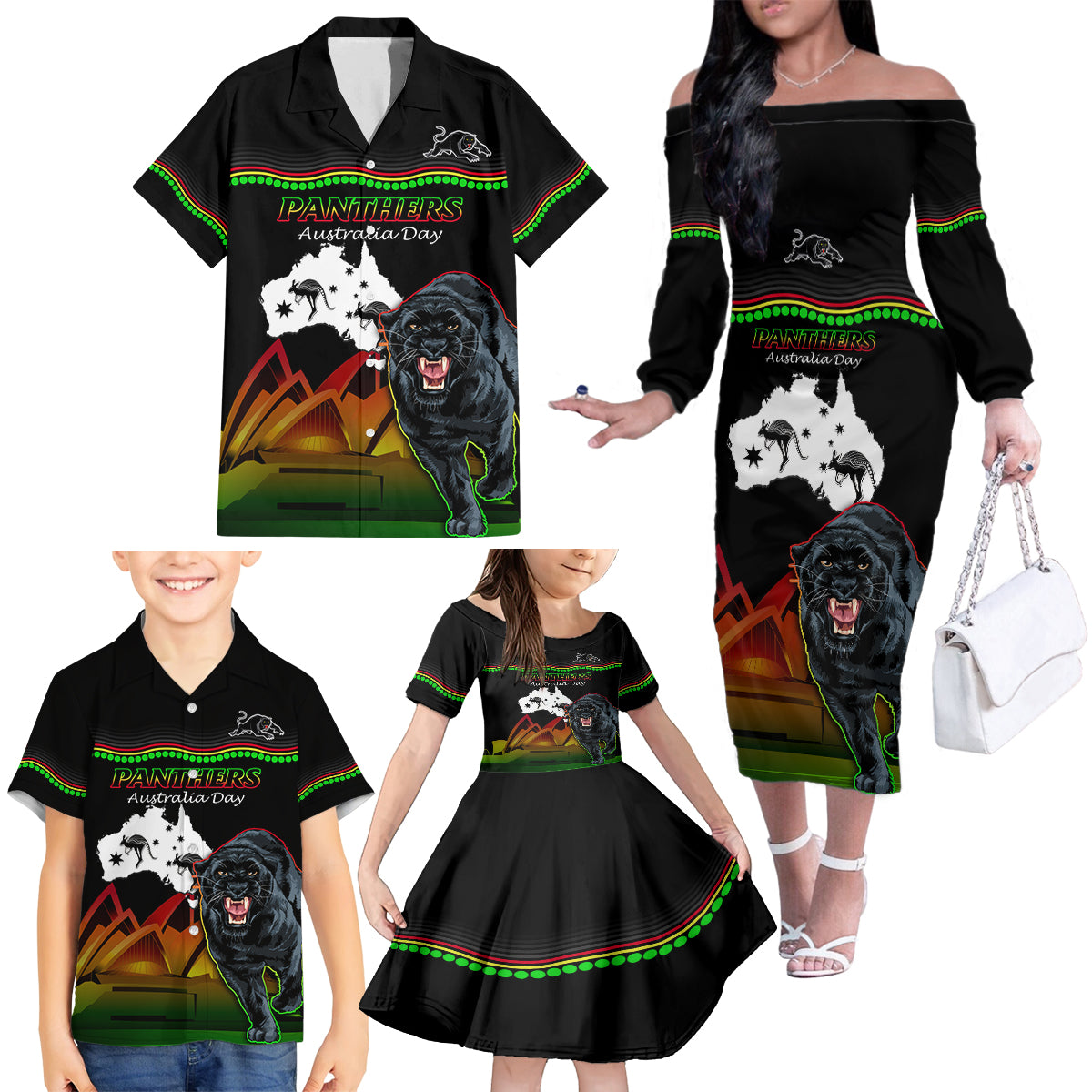 Custom Australia Day Panthers Family Matching Off Shoulder Long Sleeve Dress and Hawaiian Shirt NRL 2024 Sydney Opera House With Map - Black