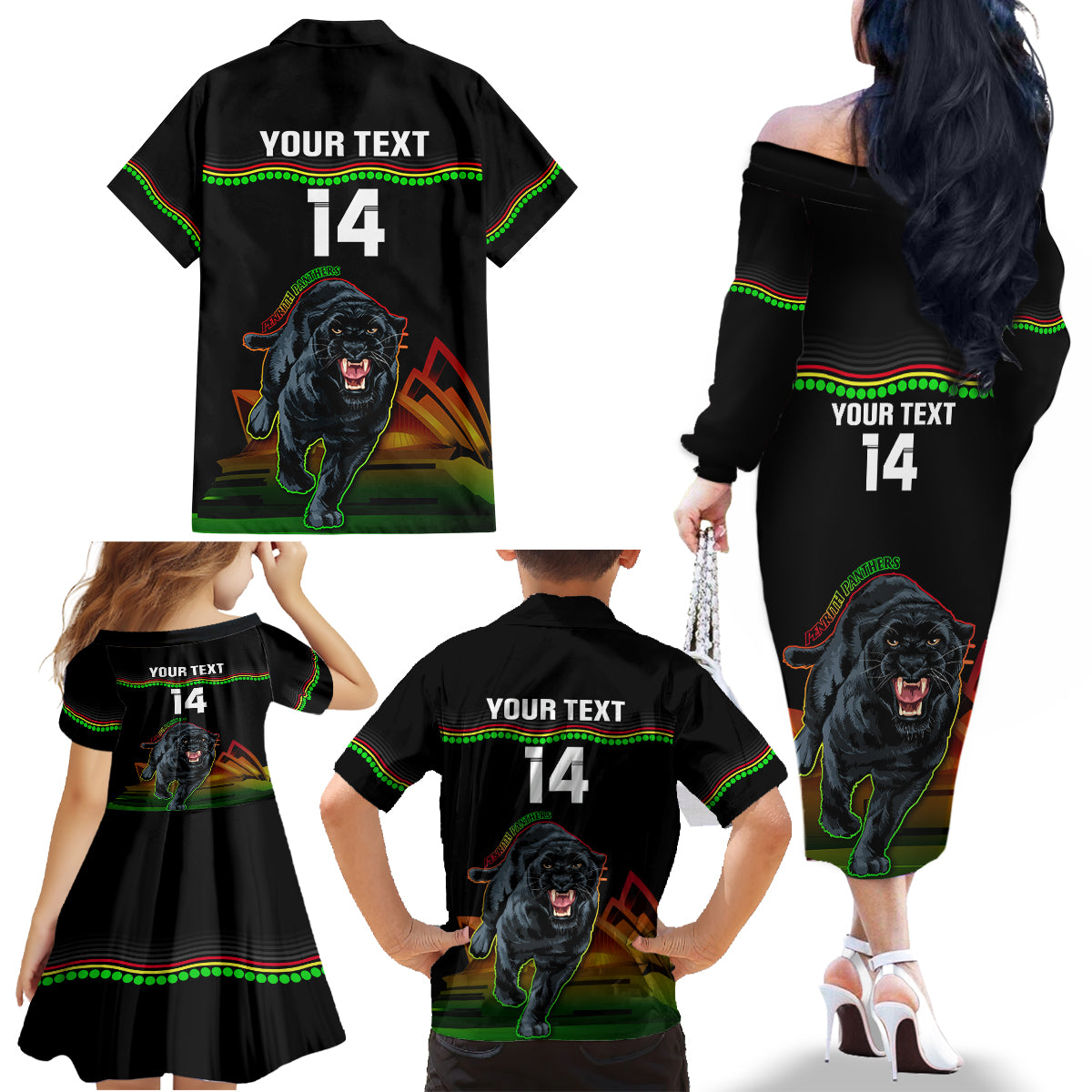 Custom Australia Day Panthers Family Matching Off Shoulder Long Sleeve Dress and Hawaiian Shirt NRL 2024 Sydney Opera House With Map - Black