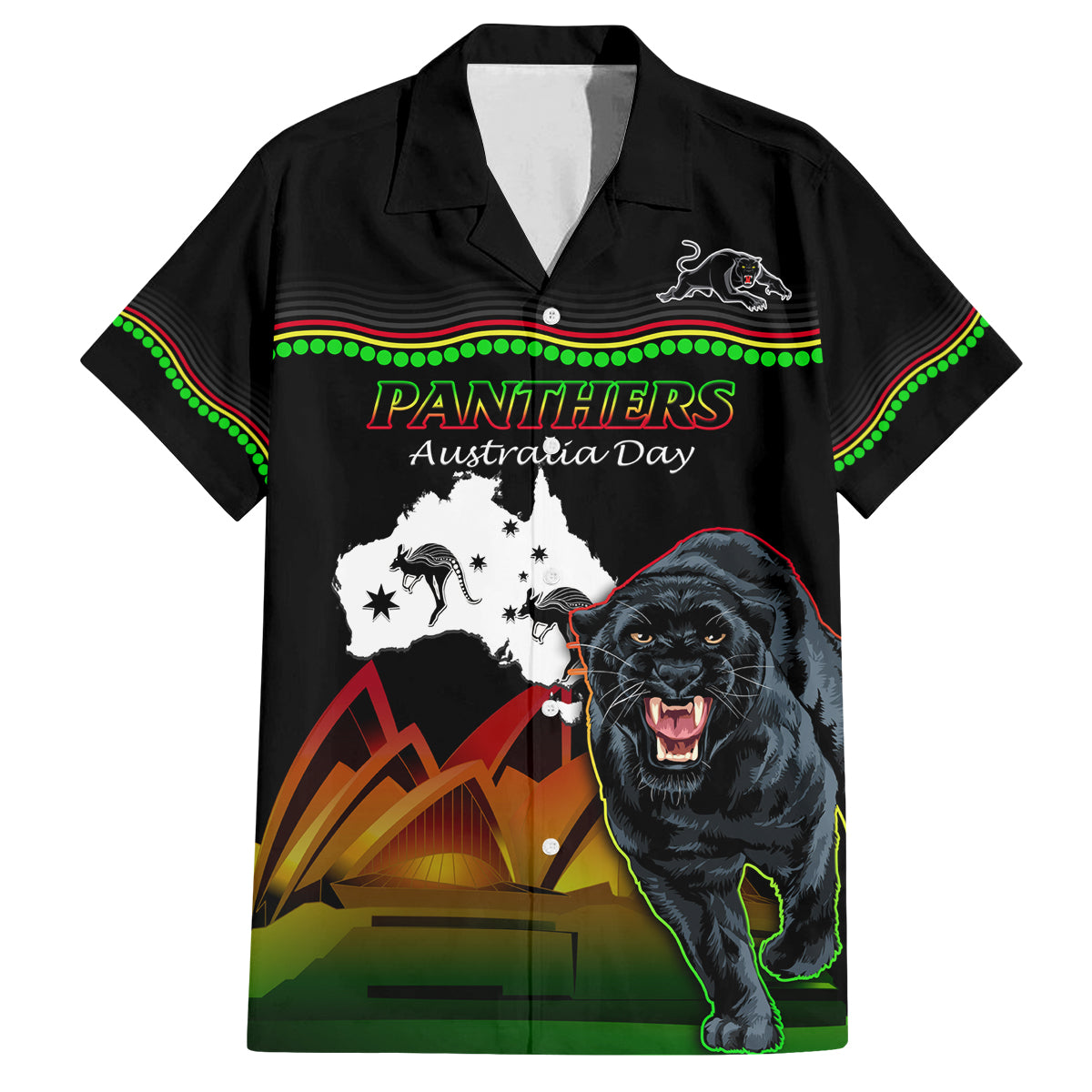 Custom Australia Day Panthers Family Matching Off Shoulder Long Sleeve Dress and Hawaiian Shirt NRL 2024 Sydney Opera House With Map - Black