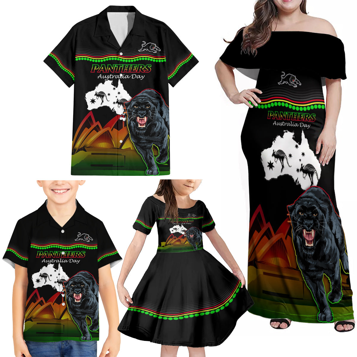 Custom Australia Day Panthers Family Matching Off Shoulder Maxi Dress and Hawaiian Shirt NRL 2024 Sydney Opera House With Map - Black