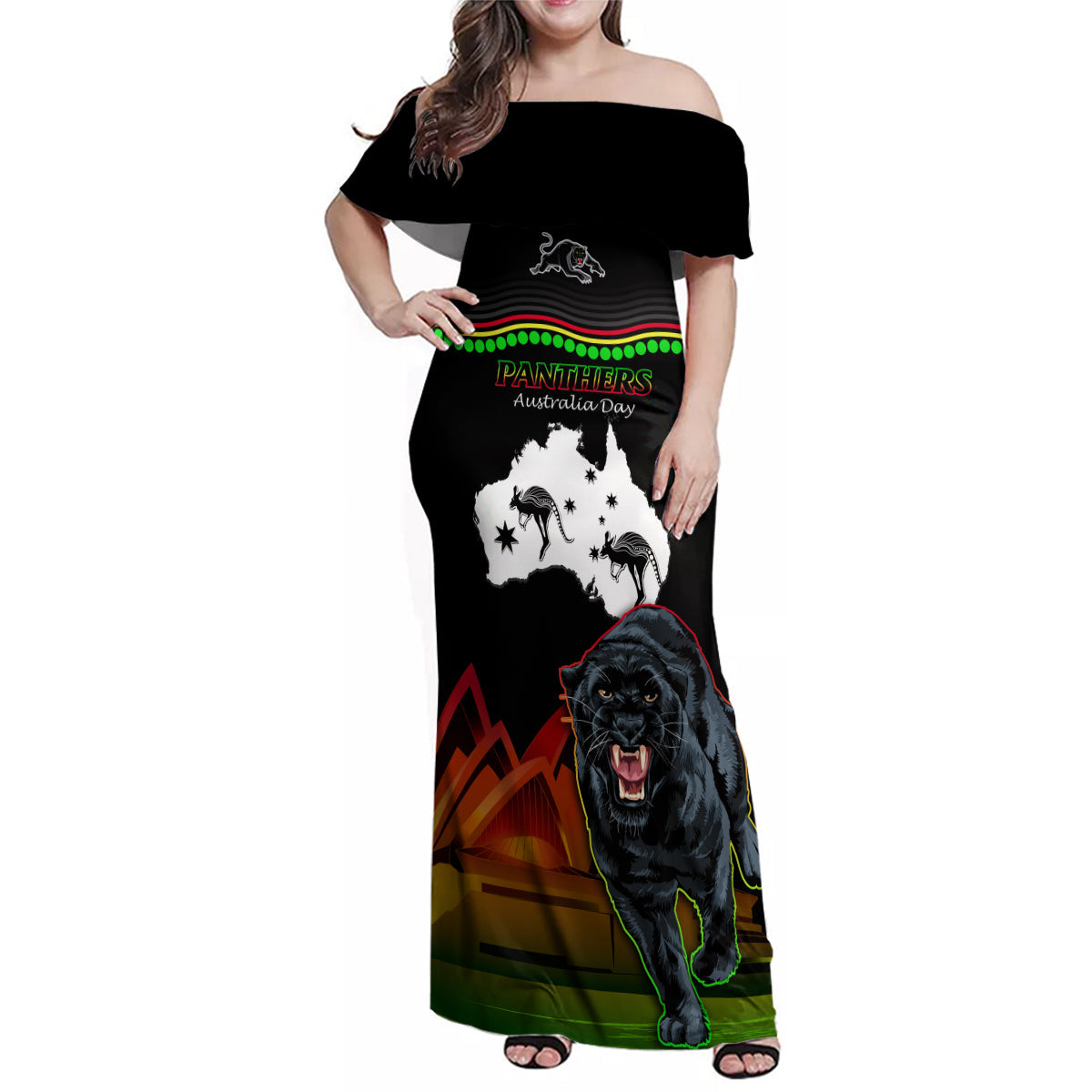 Custom Australia Day Panthers Family Matching Off Shoulder Maxi Dress and Hawaiian Shirt NRL 2024 Sydney Opera House With Map - Black