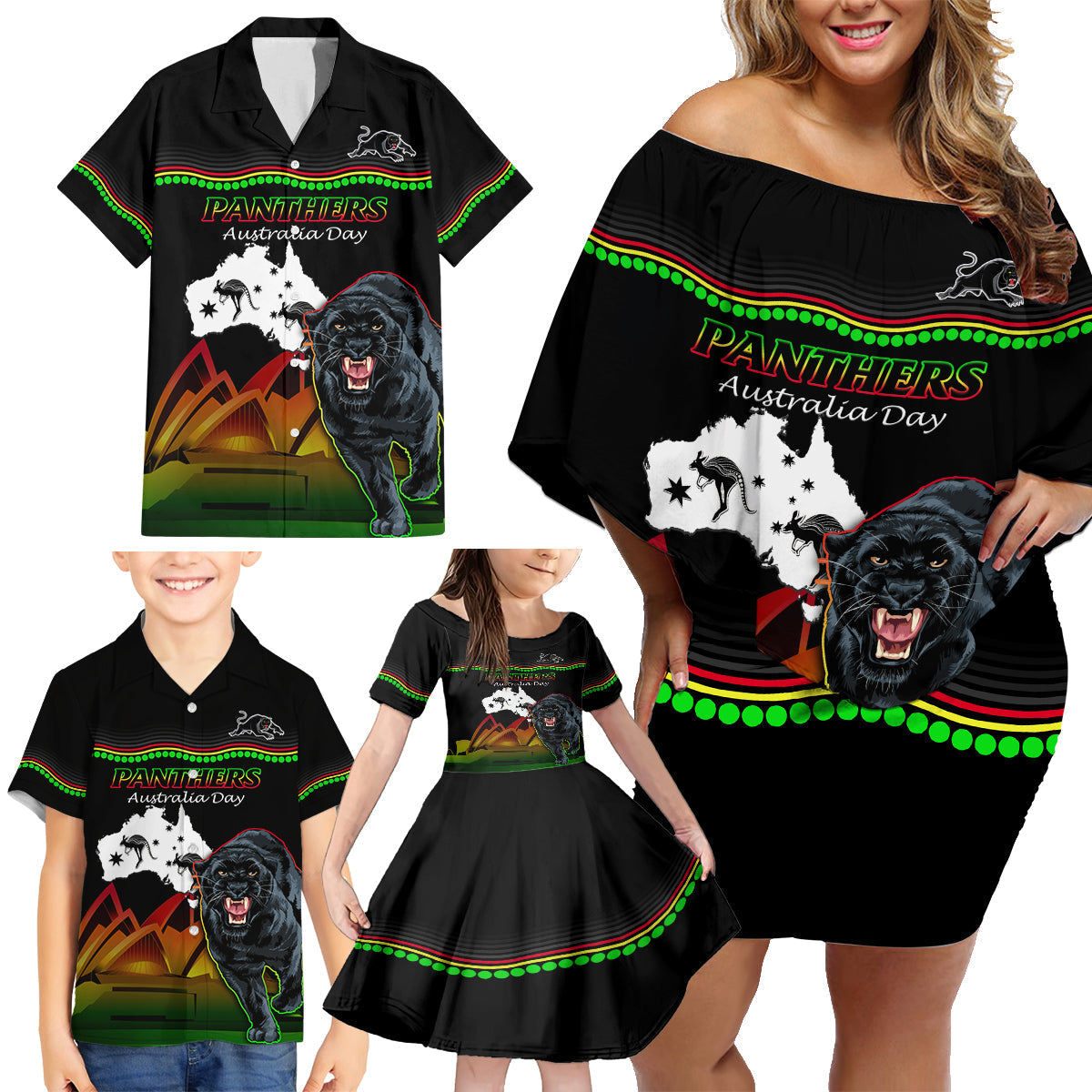 Custom Australia Day Panthers Family Matching Off Shoulder Short Dress and Hawaiian Shirt NRL 2024 Sydney Opera House With Map - Black