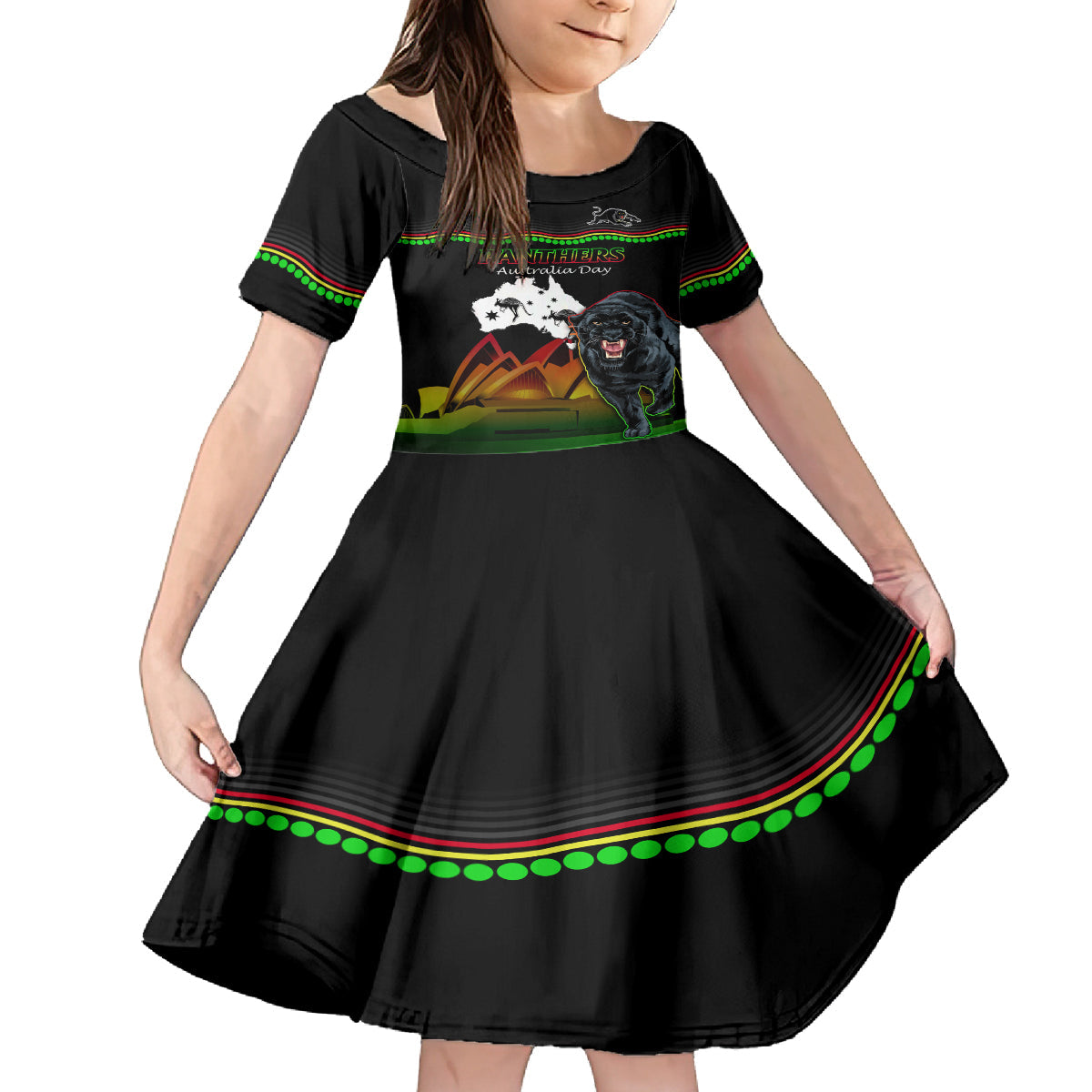 Custom Australia Day Panthers Family Matching Off Shoulder Short Dress and Hawaiian Shirt NRL 2024 Sydney Opera House With Map - Black