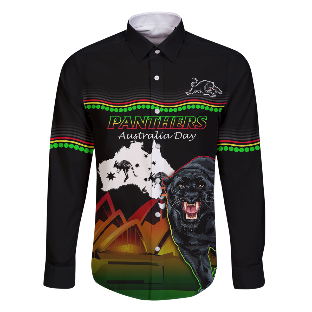 Custom Australia Day Panthers Family Matching Off Shoulder Short Dress and Hawaiian Shirt NRL 2024 Sydney Opera House With Map - Black