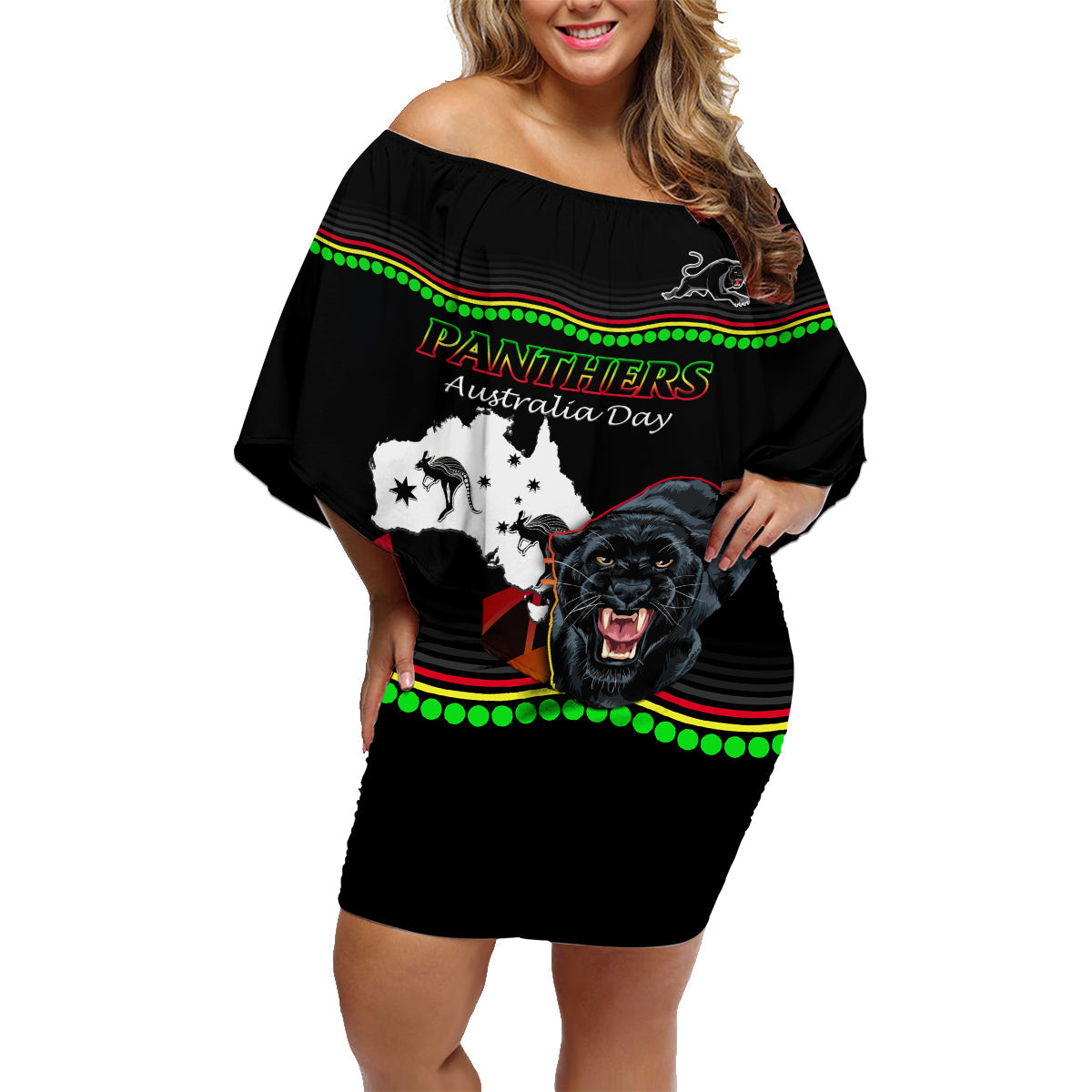 Custom Australia Day Panthers Family Matching Off Shoulder Short Dress and Hawaiian Shirt NRL 2024 Sydney Opera House With Map - Black