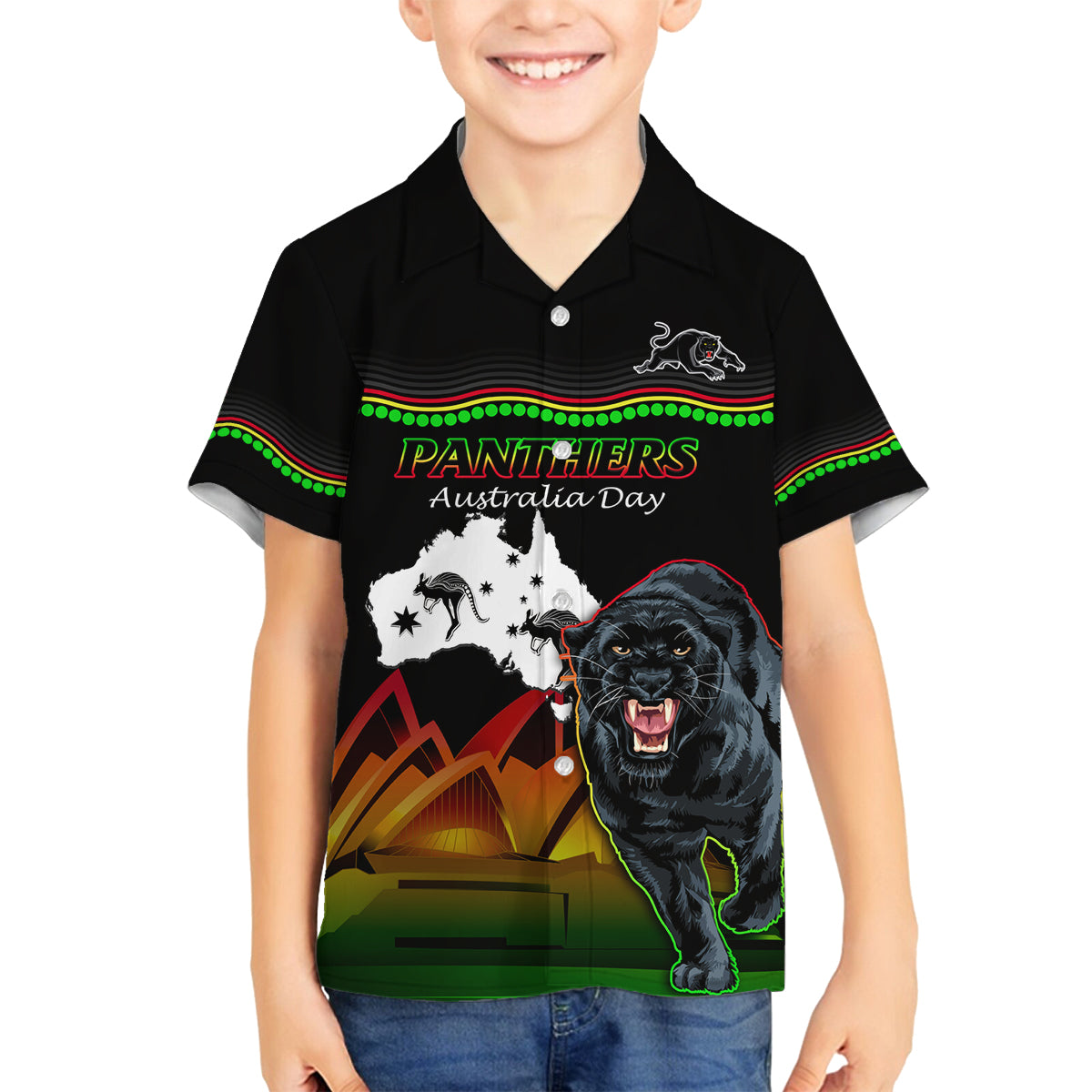 Custom Australia Day Panthers Family Matching Off Shoulder Short Dress and Hawaiian Shirt NRL 2024 Sydney Opera House With Map - Black