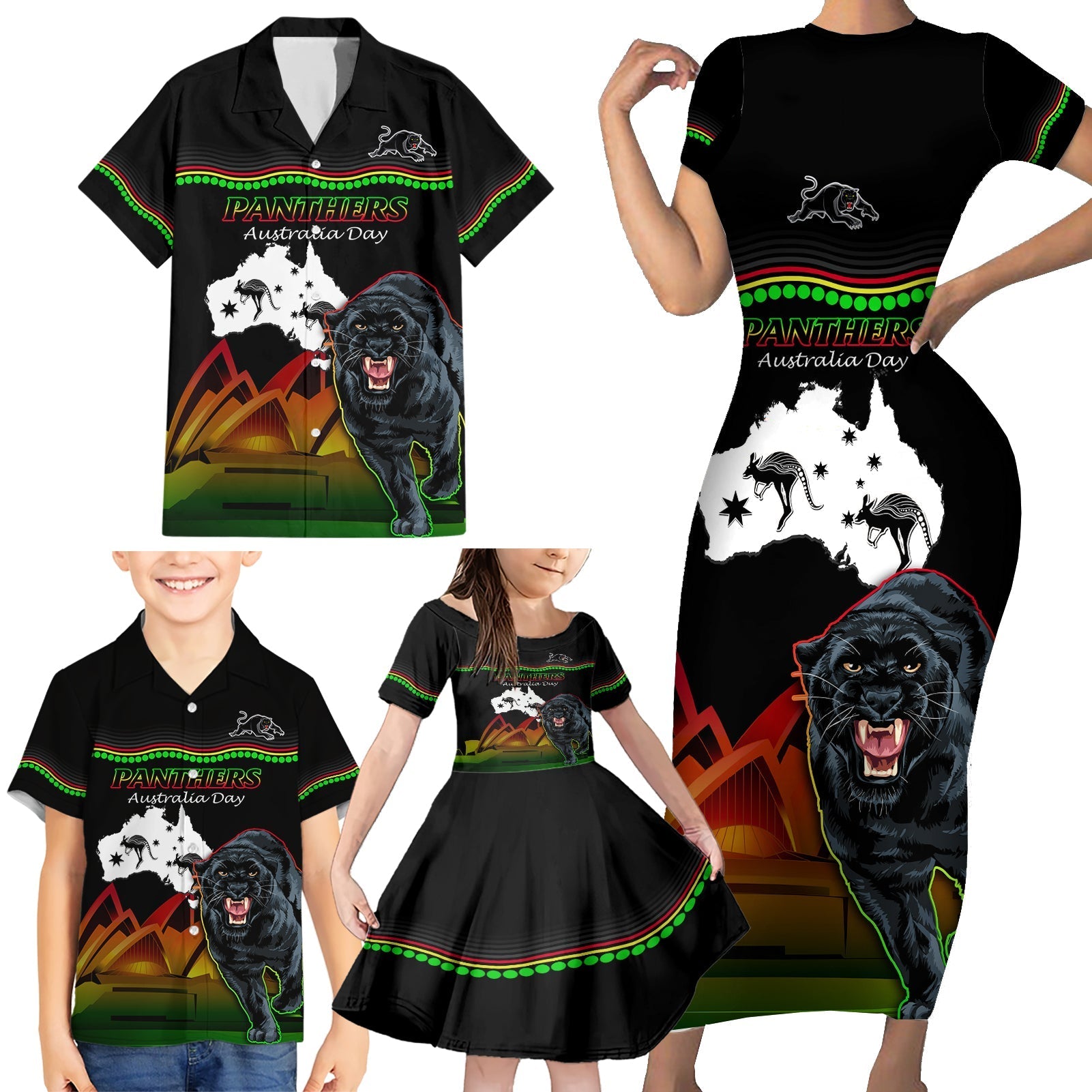 Custom Australia Day Panthers Family Matching Short Sleeve Bodycon Dress and Hawaiian Shirt NRL 2024 Sydney Opera House With Map - Black