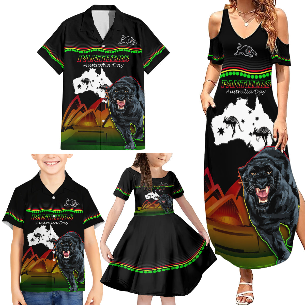 Custom Australia Day Panthers Family Matching Summer Maxi Dress and Hawaiian Shirt NRL 2024 Sydney Opera House With Map - Black