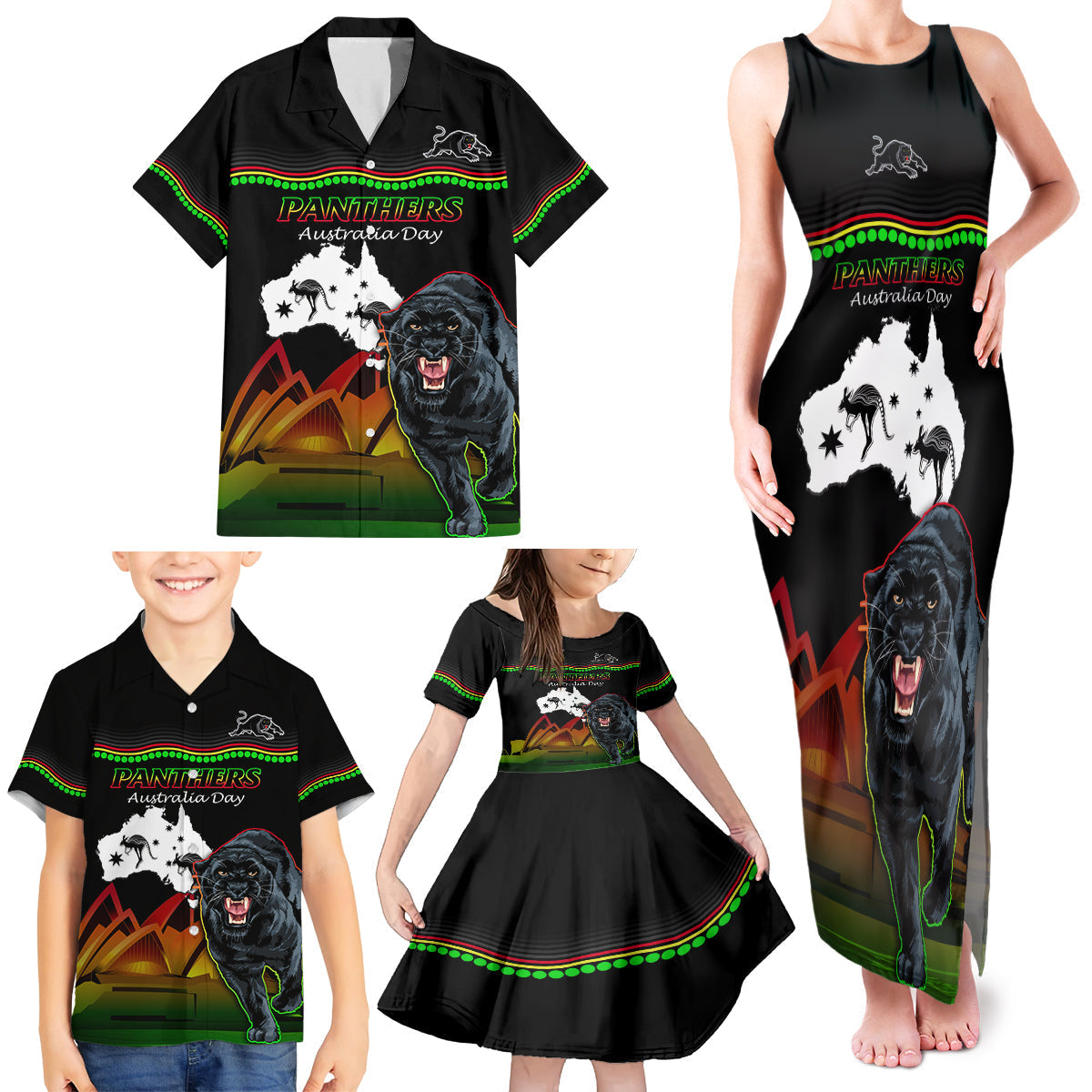 Custom Australia Day Panthers Family Matching Tank Maxi Dress and Hawaiian Shirt NRL 2024 Sydney Opera House With Map - Black