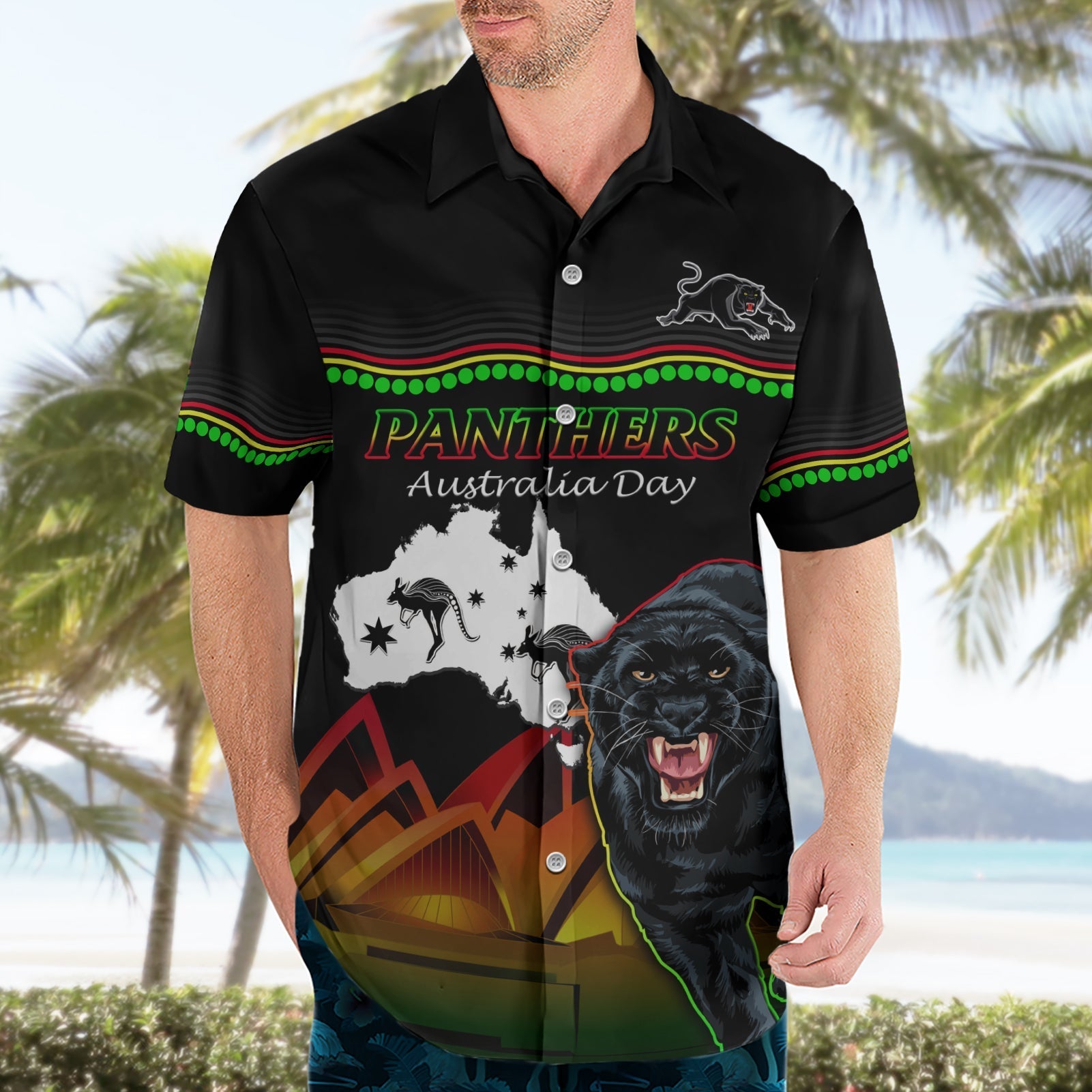 Custom Australia Day Panthers Hawaiian Shirt NRL 2024 Sydney Opera House With Map - Black - Vibe Hoodie Shop