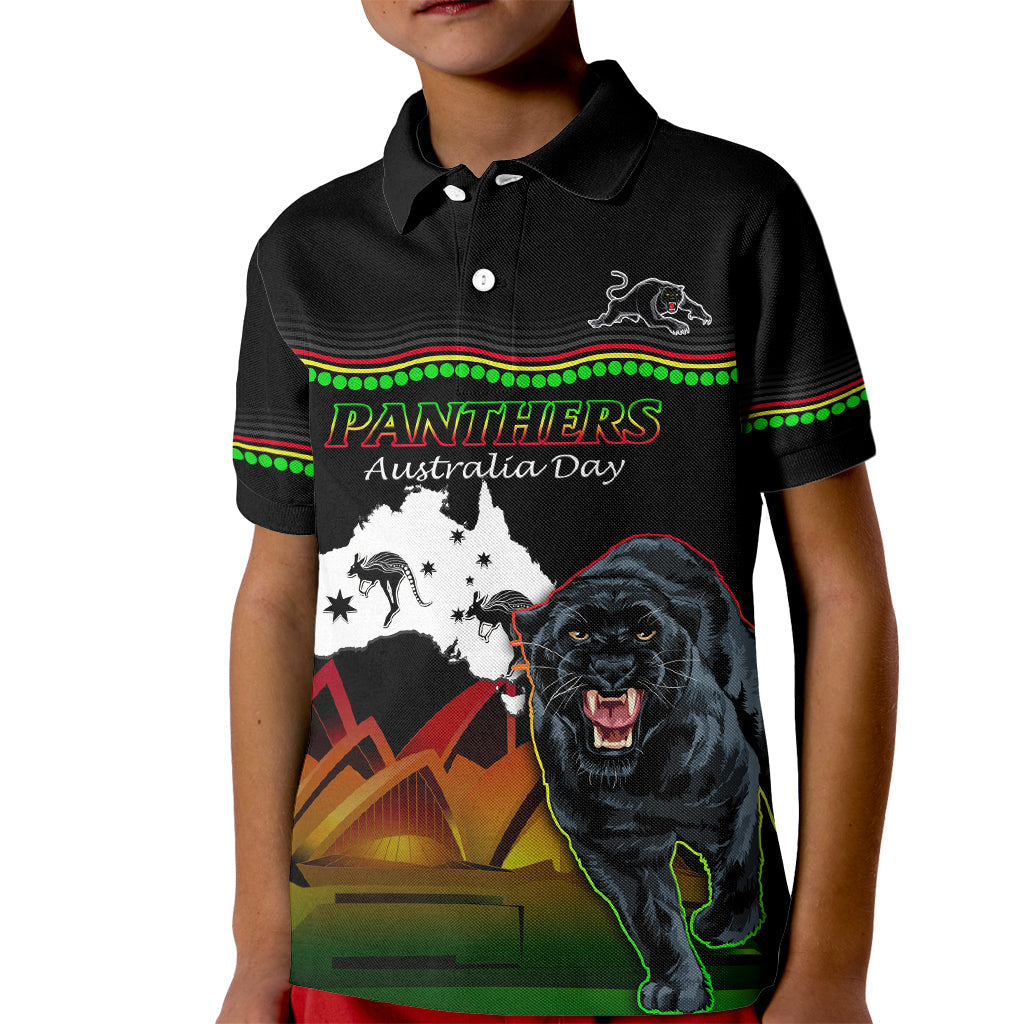 Custom Australia Day Panthers Kid Polo Shirt NRL 2024 Sydney Opera House With Map - Black - Vibe Hoodie Shop