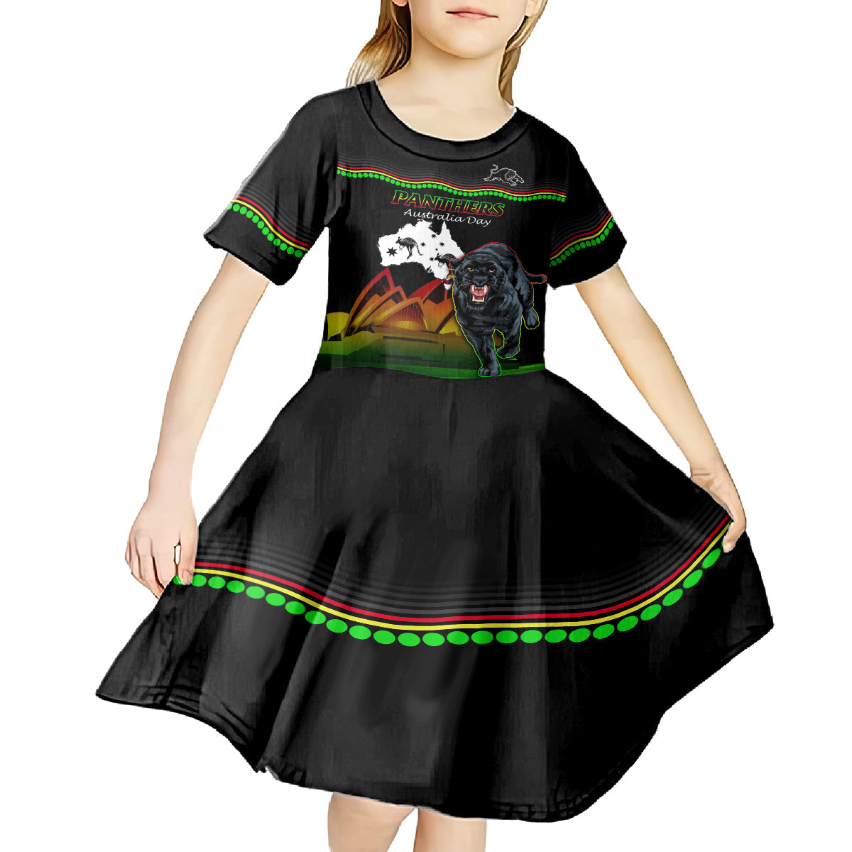 Custom Australia Day Panthers Kid Short Sleeve Dress NRL 2024 Sydney Opera House With Map - Black - Vibe Hoodie Shop