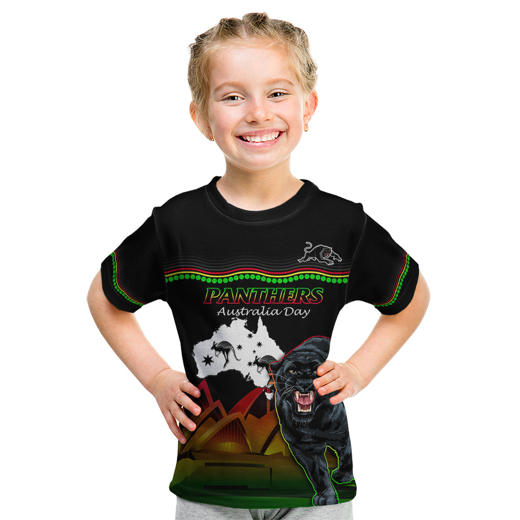 Custom Australia Day Panthers Kid T Shirt NRL 2024 Sydney Opera House With Map - Black - Vibe Hoodie Shop