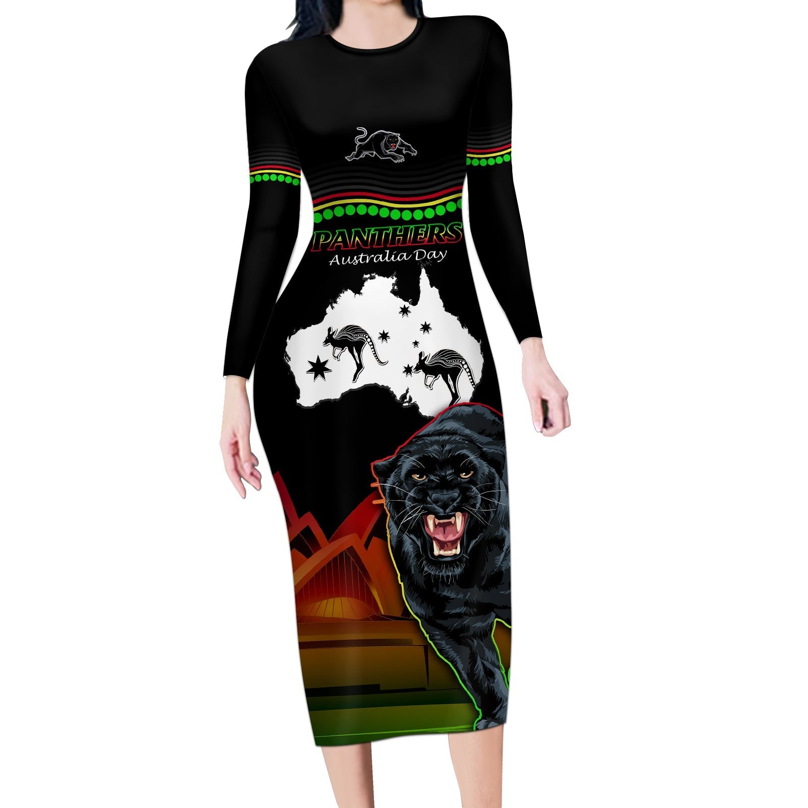 Custom Australia Day Panthers Long Sleeve Bodycon Dress NRL 2024 Sydney Opera House With Map - Black