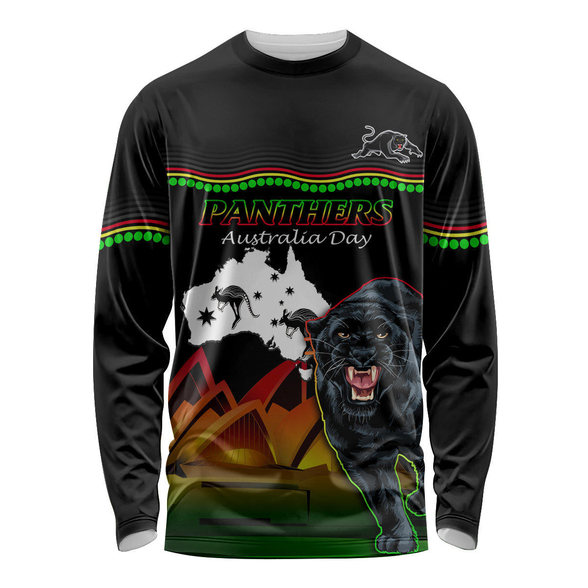 Custom Australia Day Panthers Long Sleeve Shirt NRL 2024 Sydney Opera House With Map - Black - Vibe Hoodie Shop