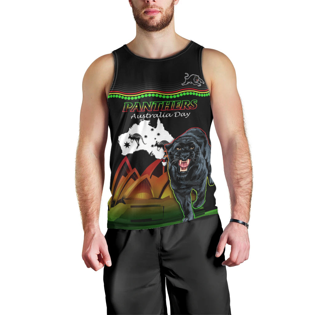 Custom Australia Day Panthers Men Tank Top NRL 2024 Sydney Opera House With Map - Black - Vibe Hoodie Shop