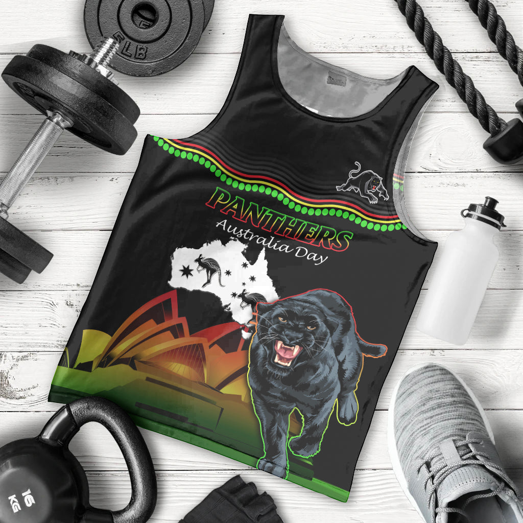 Custom Australia Day Panthers Men Tank Top NRL 2024 Sydney Opera House With Map - Black - Vibe Hoodie Shop