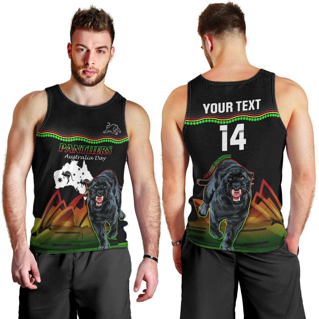 Custom Australia Day Panthers Men Tank Top NRL 2024 Sydney Opera House With Map - Black - Vibe Hoodie Shop